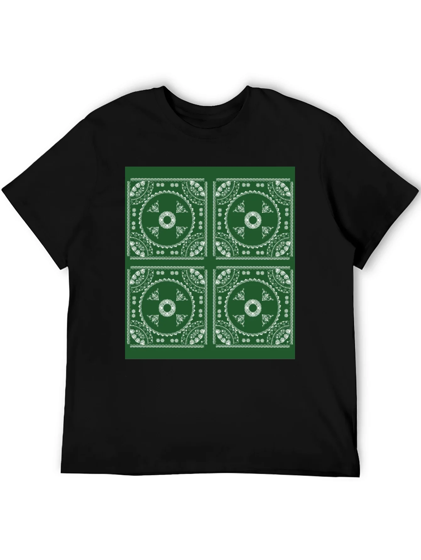 Green Bandana Pattern Black T-Shirt