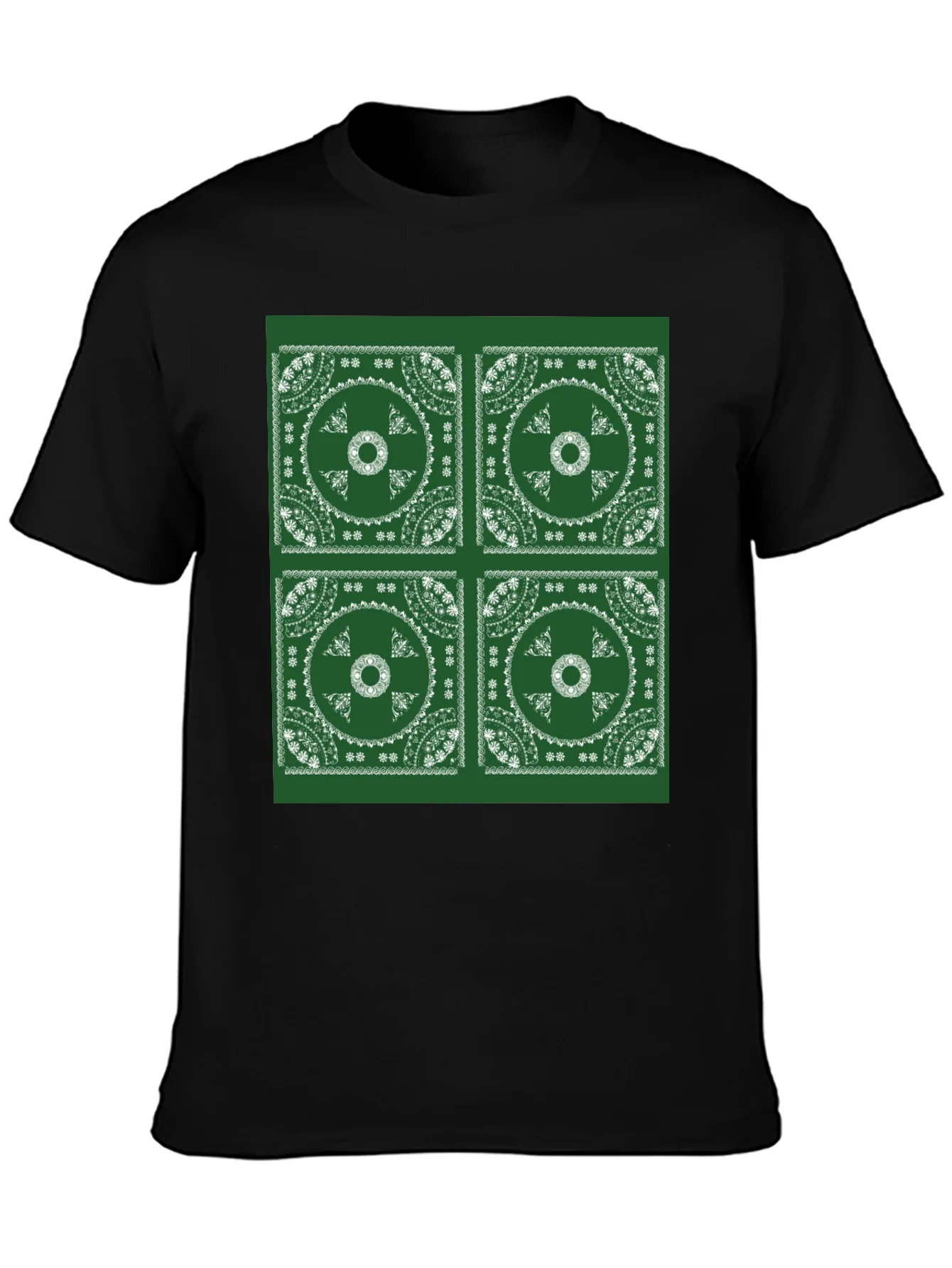 Green Bandana Pattern Black T-Shirt