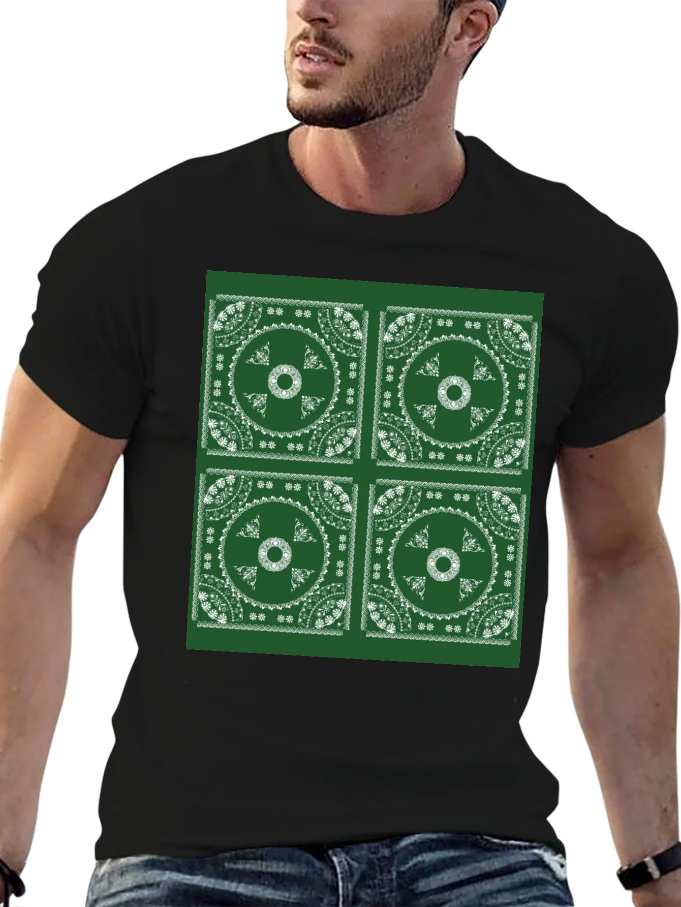 Green Bandana Pattern Black T-Shirt