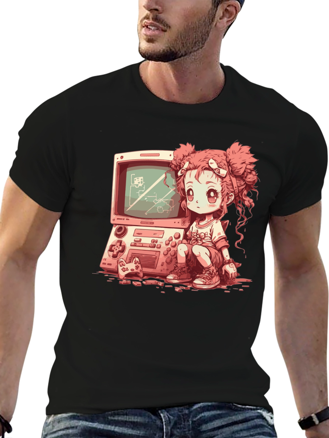 Retro Gamer Girl Black T-Shirt
