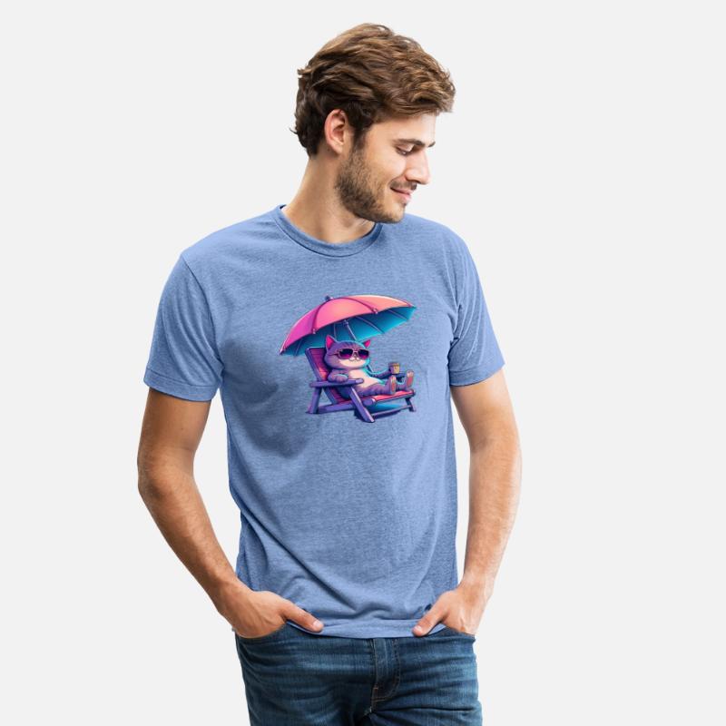 Cool Cat Chilling on the Beach with Coffee-T-shirt