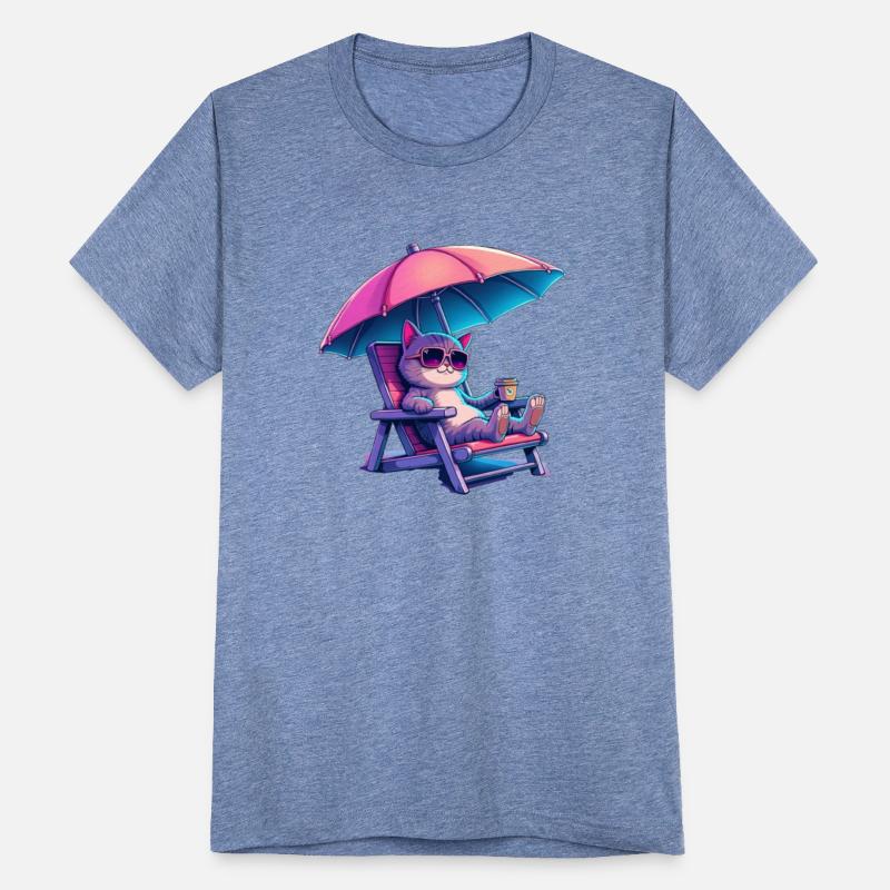 Cool Cat Chilling on the Beach with Coffee-T-shirt