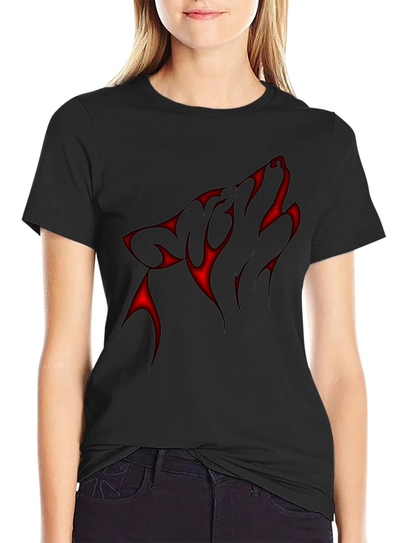 Black T-Shirt with Red Wolf Design