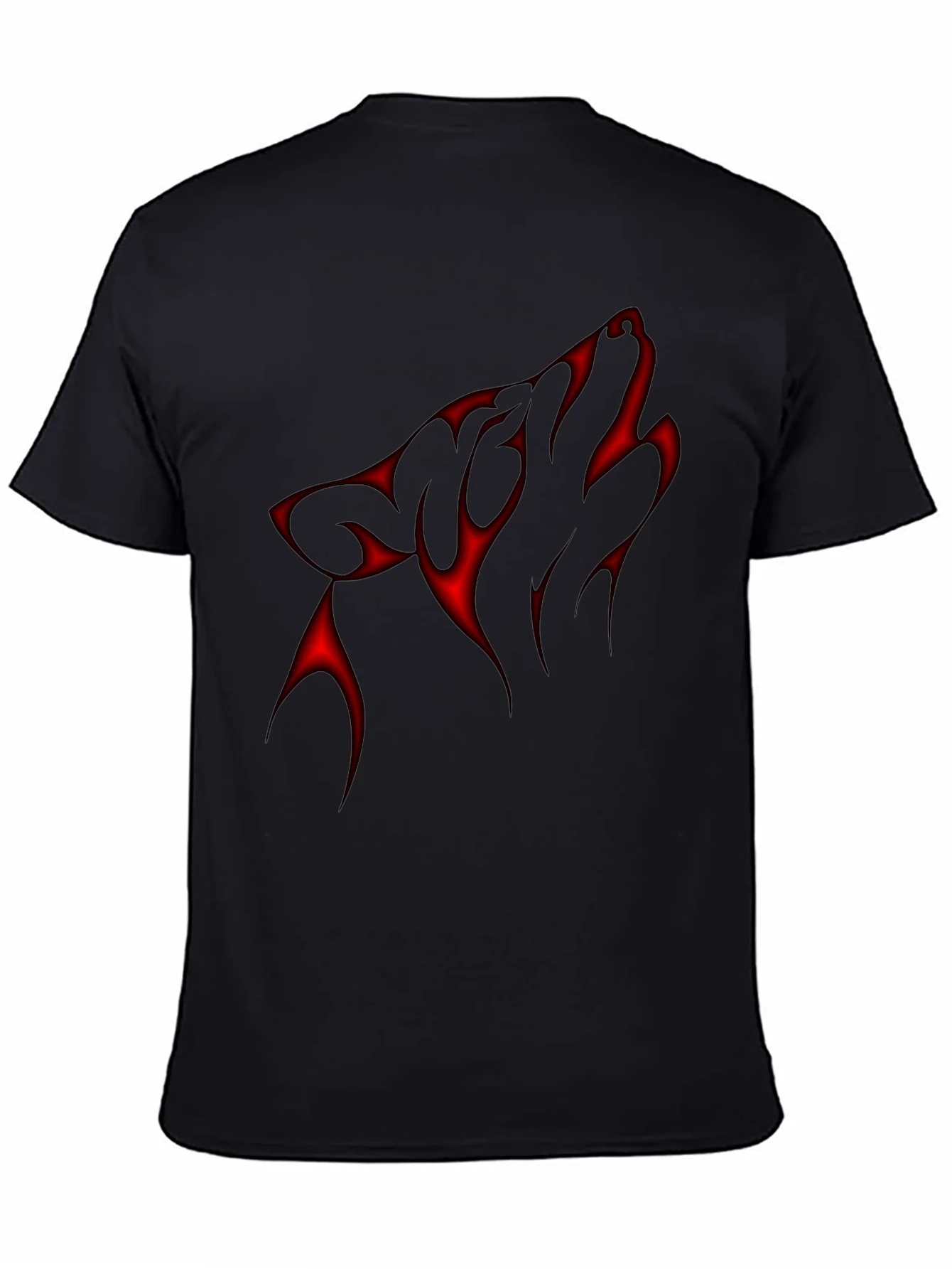 Black T-Shirt with Red Wolf Design