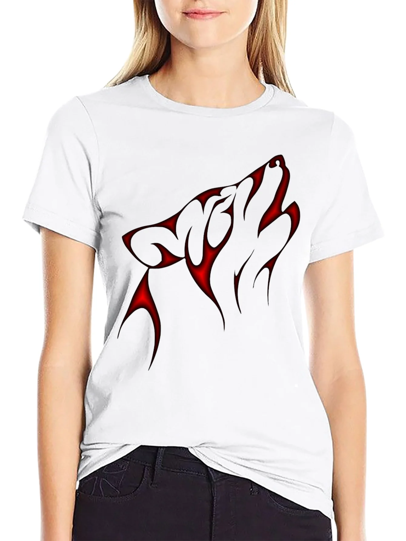 Black T-Shirt with Red Wolf Design