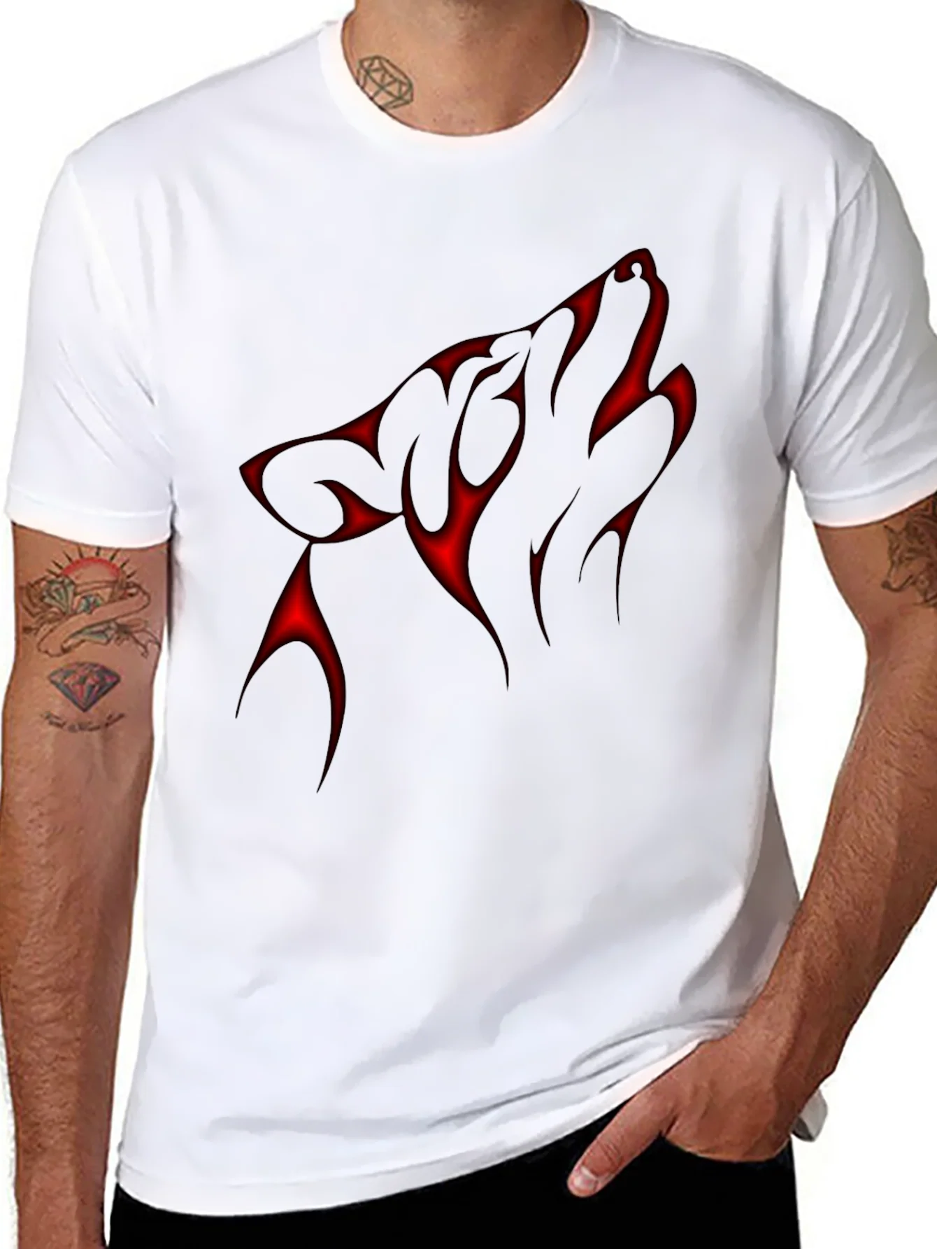 Black T-Shirt with Red Wolf Design
