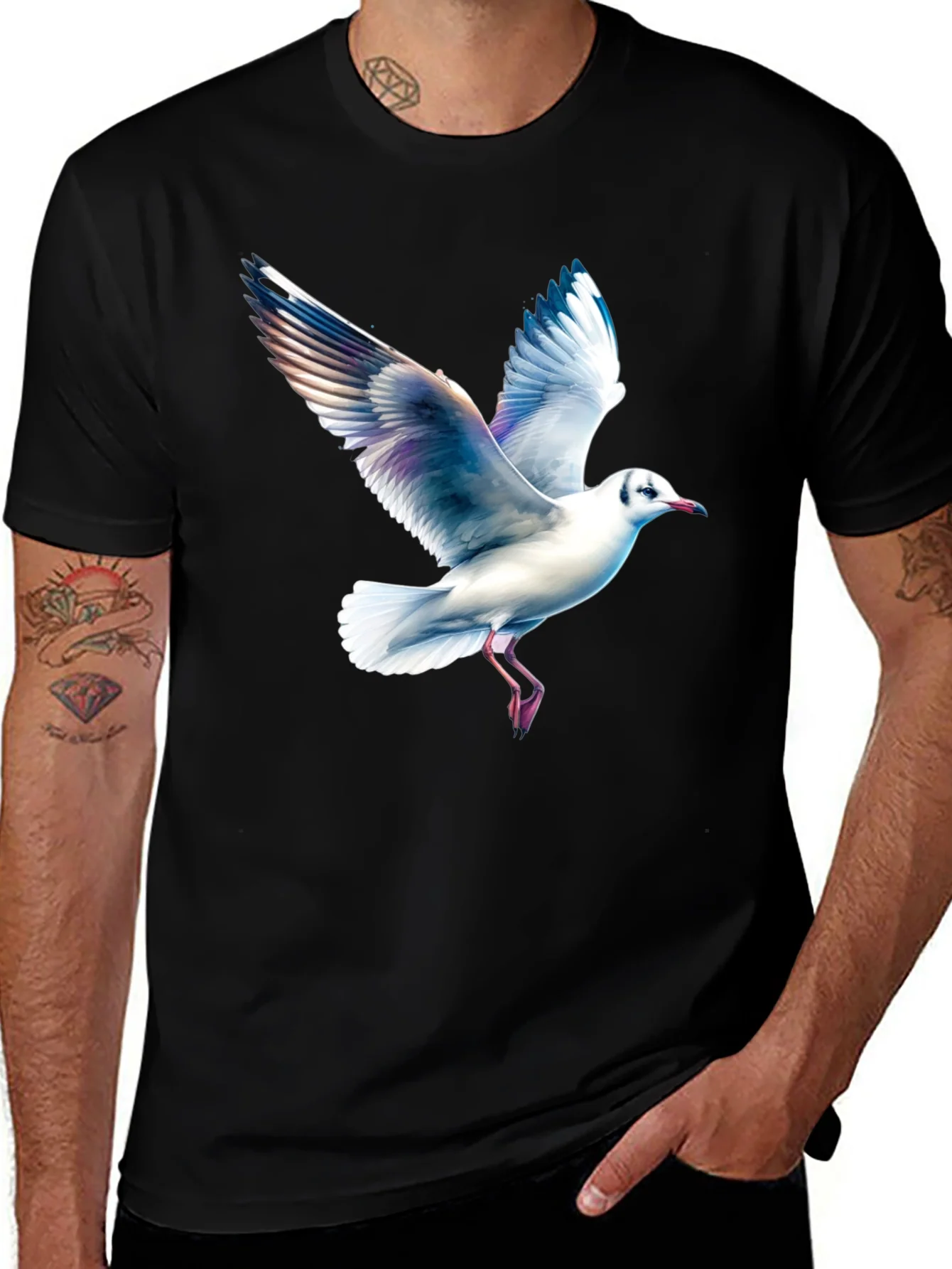 Black T-Shirt with Seagull Print