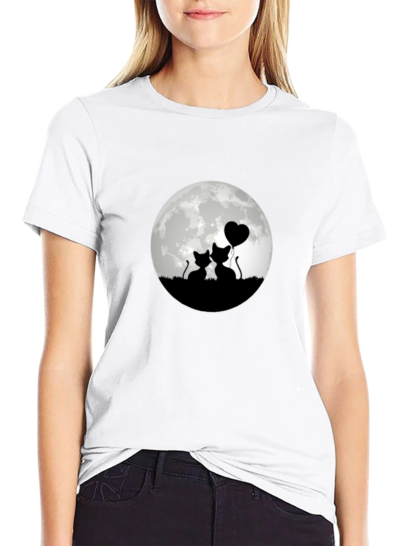 Romantic Cat Moon T-Shirt - Black
