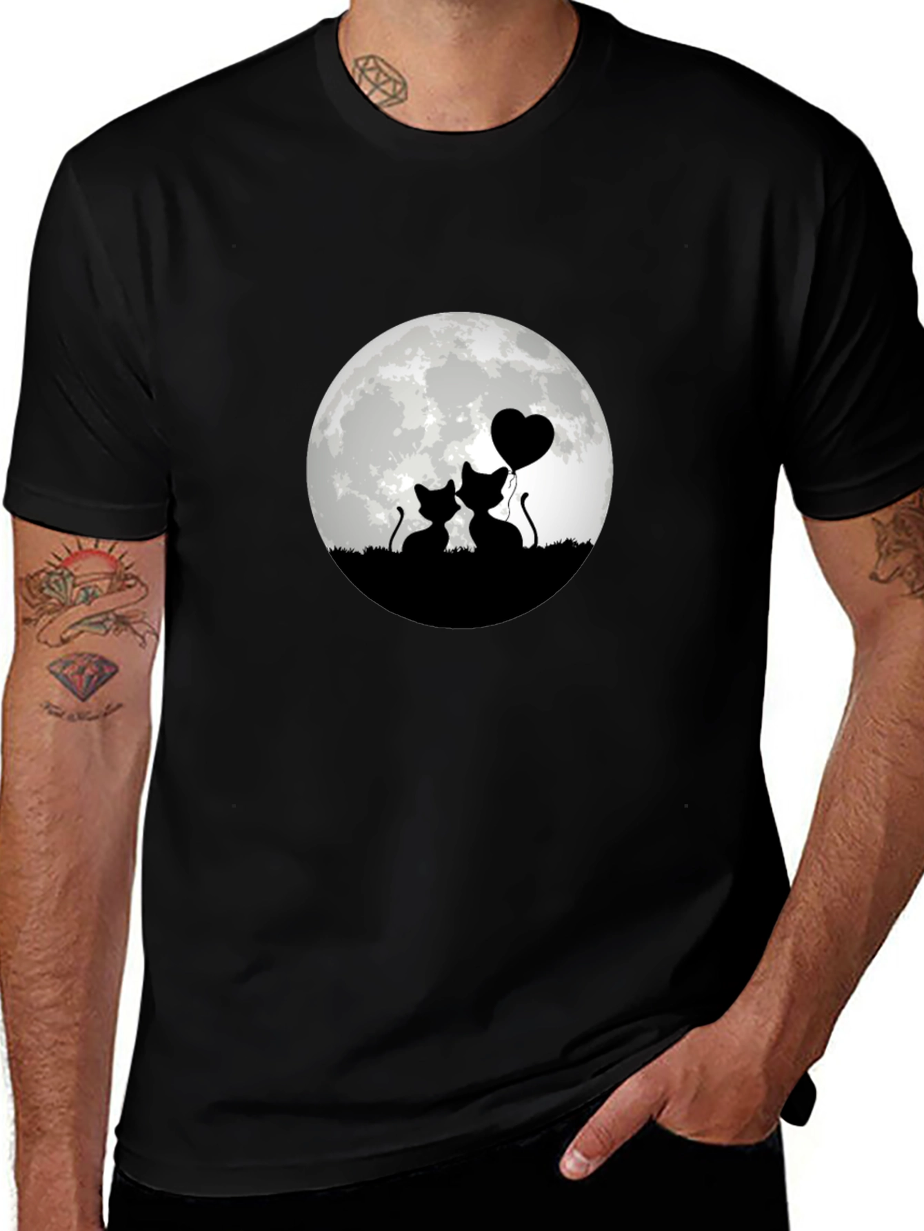 Romantic Cat Moon T-Shirt - Black