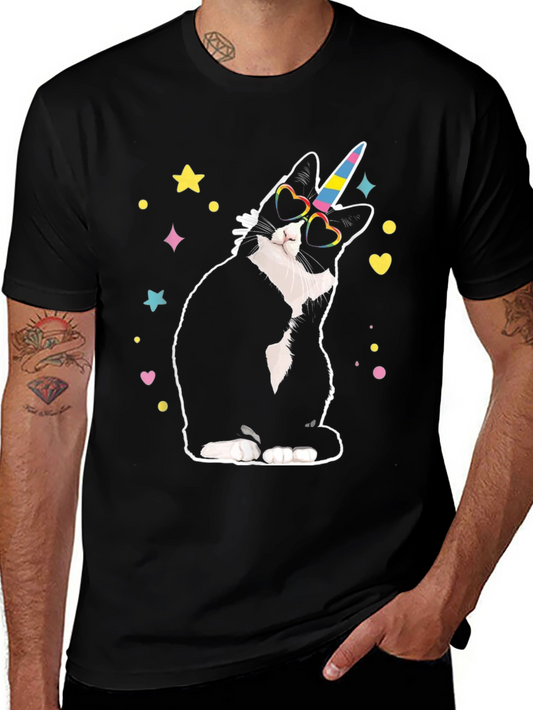 Unicorn Cat Graphic Tee - Whimsical Black T-Shirt
