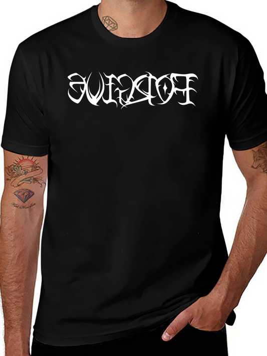 Black T-Shirt with White Gothic Text