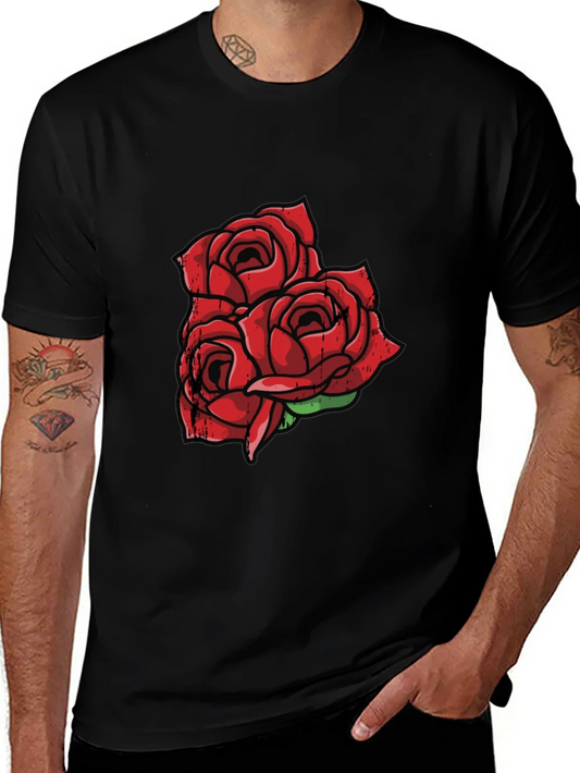 Black T-Shirt with Red Rose Graphic