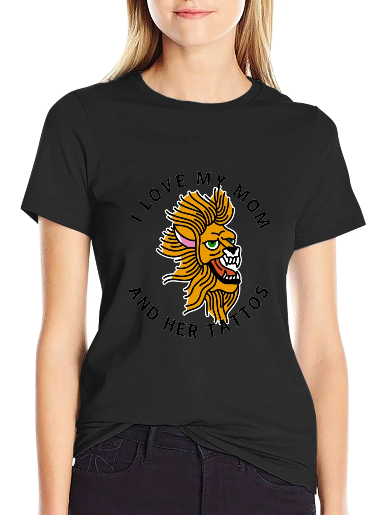 I Love My Mom Tattoo Lion Black T-Shirt