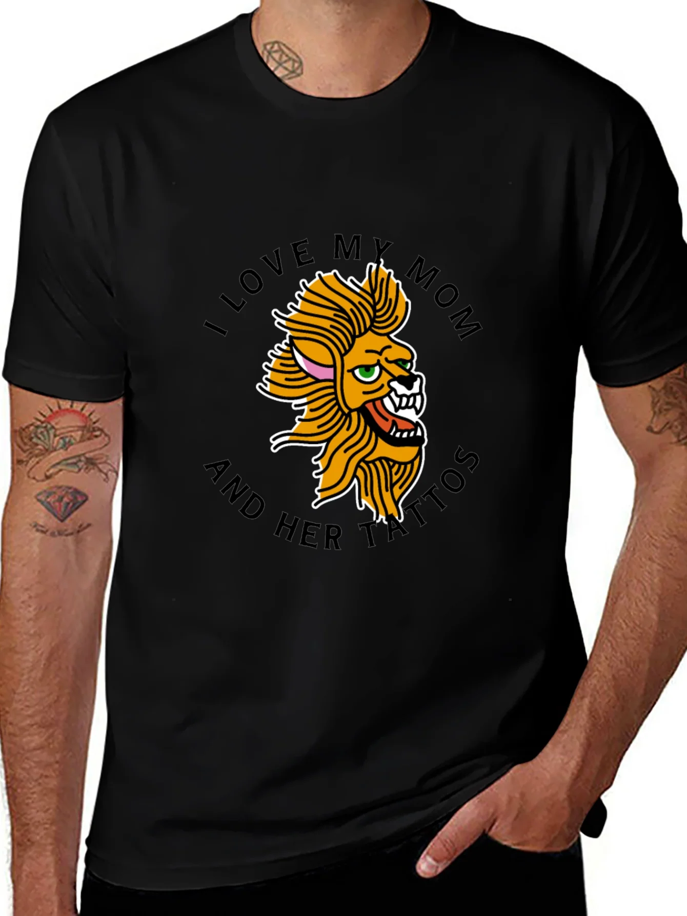 I Love My Mom Tattoo Lion Black T-Shirt