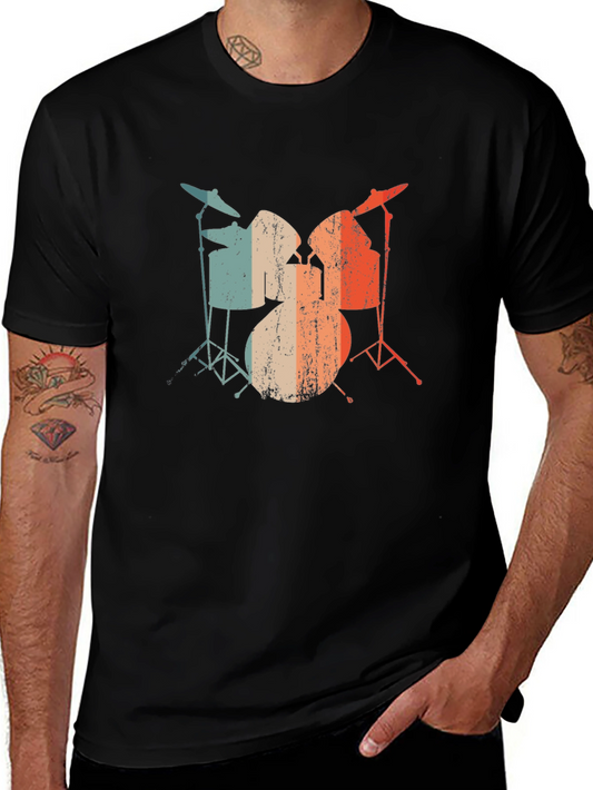 Retro Drum Set Graphic T-Shirt - Vintage Style Black Tee