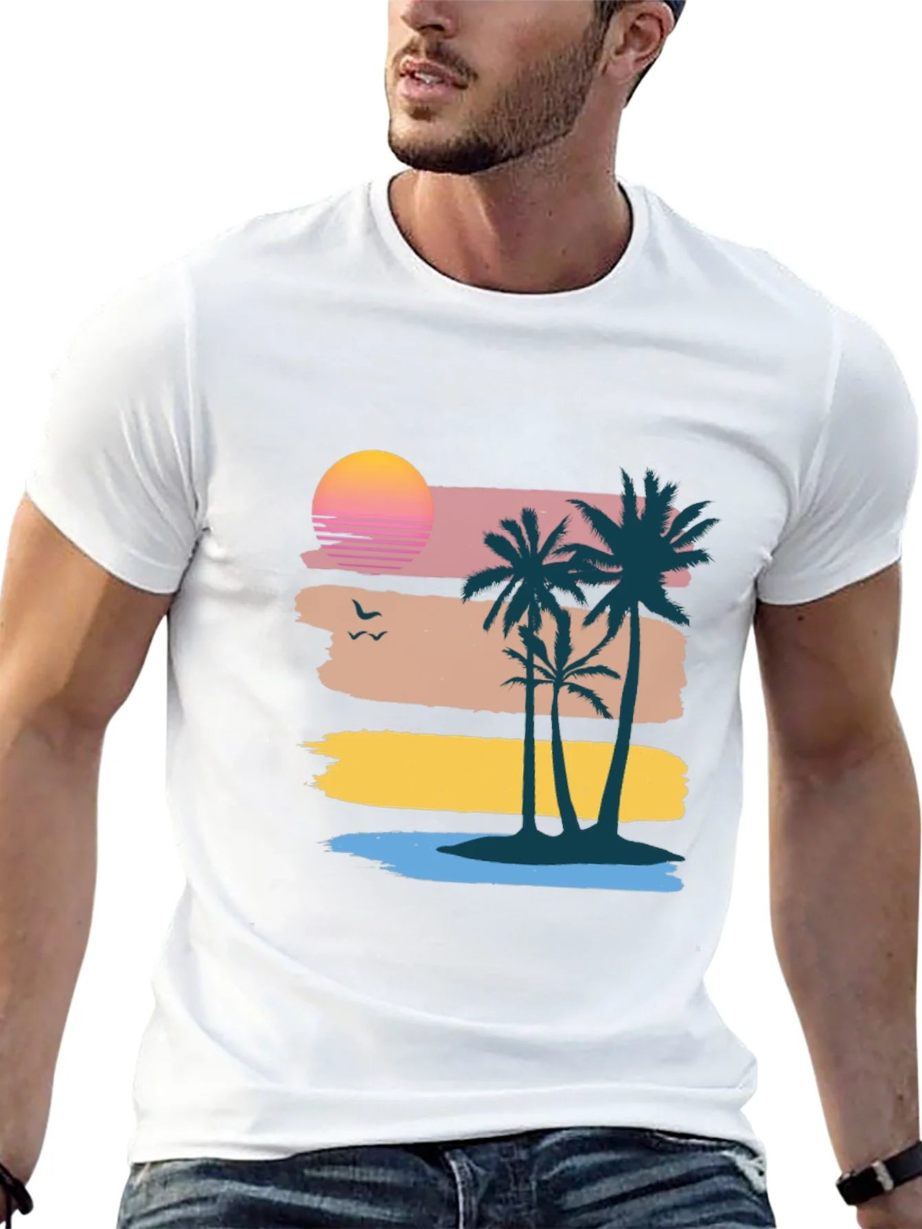Retro Sunset Palm Tree Graphic Tee - Coastal Vibes