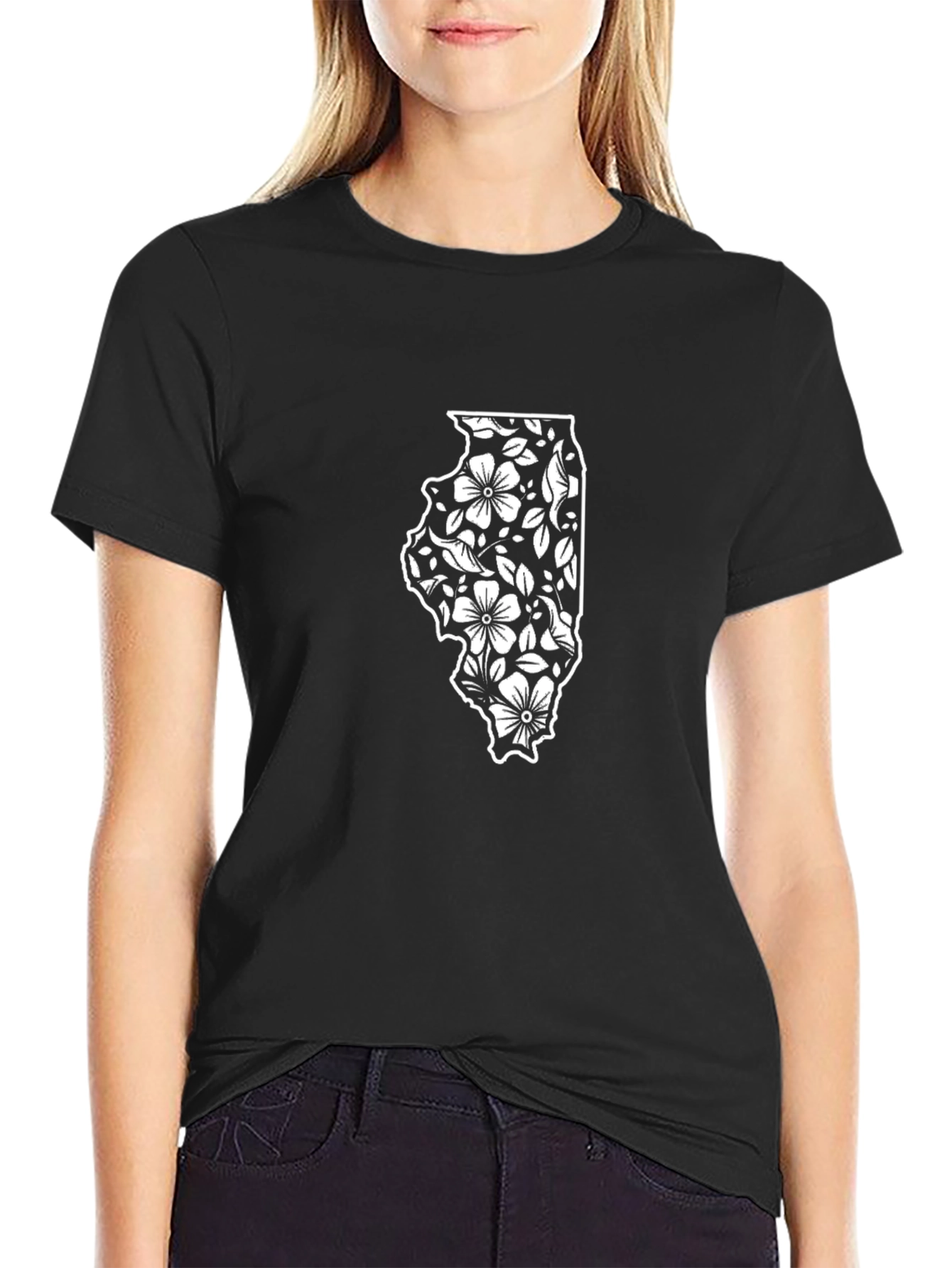 Floral Illinois State Black T-Shirt