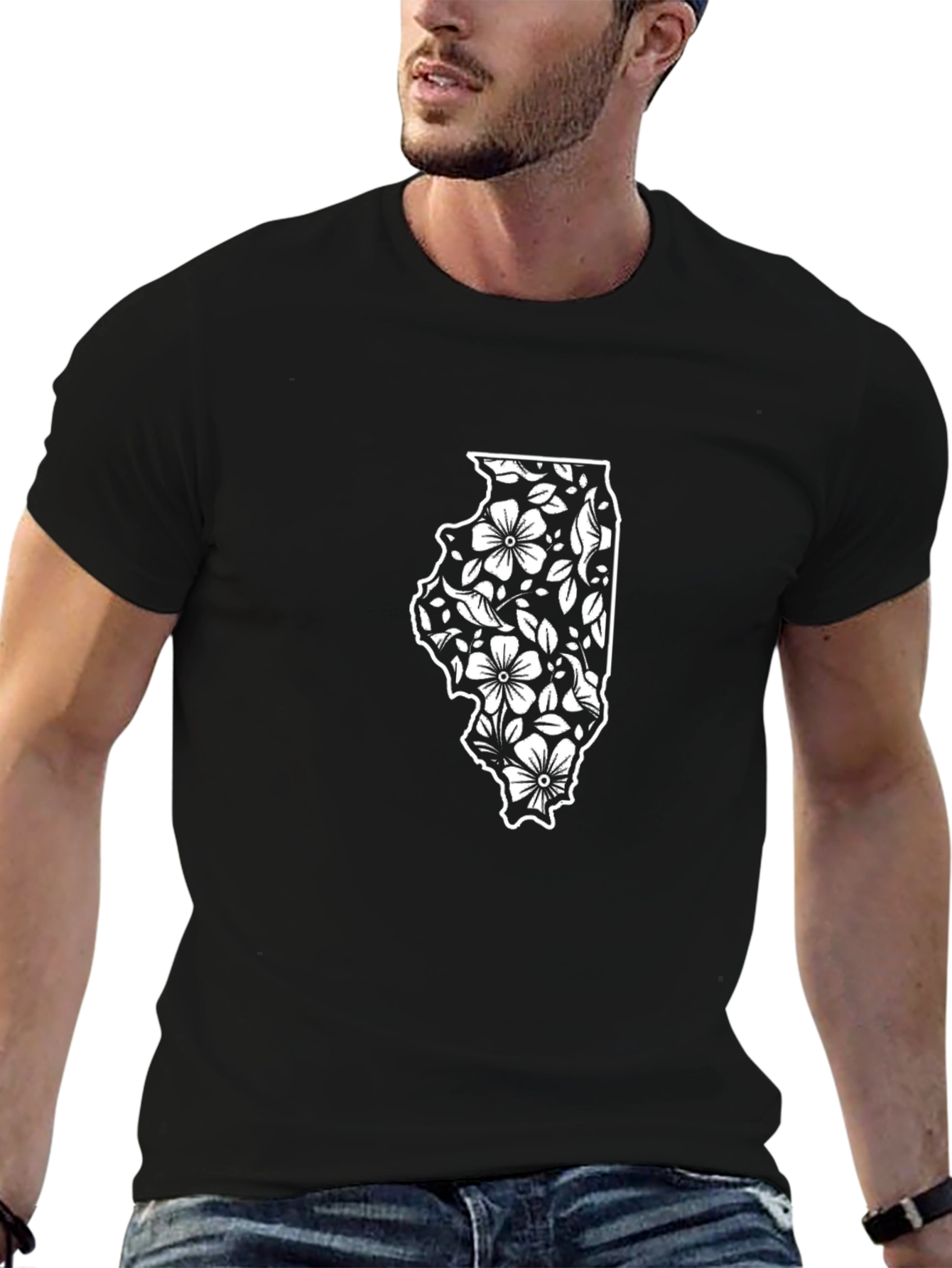 Floral Illinois State Black T-Shirt