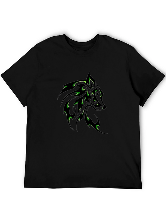 Black T-Shirt with Green Wolf Tribal Design