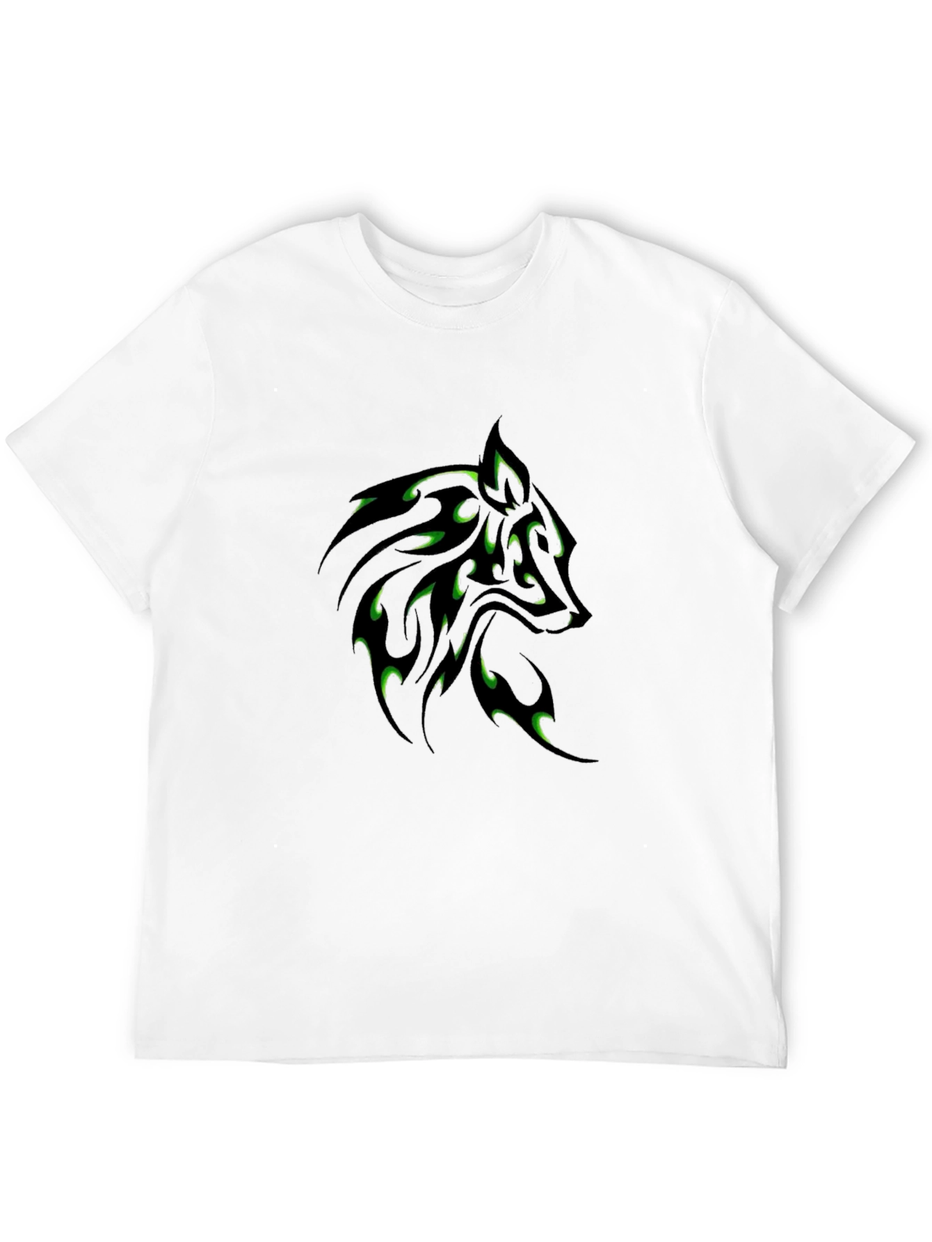 Black T-Shirt with Green Wolf Tribal Design