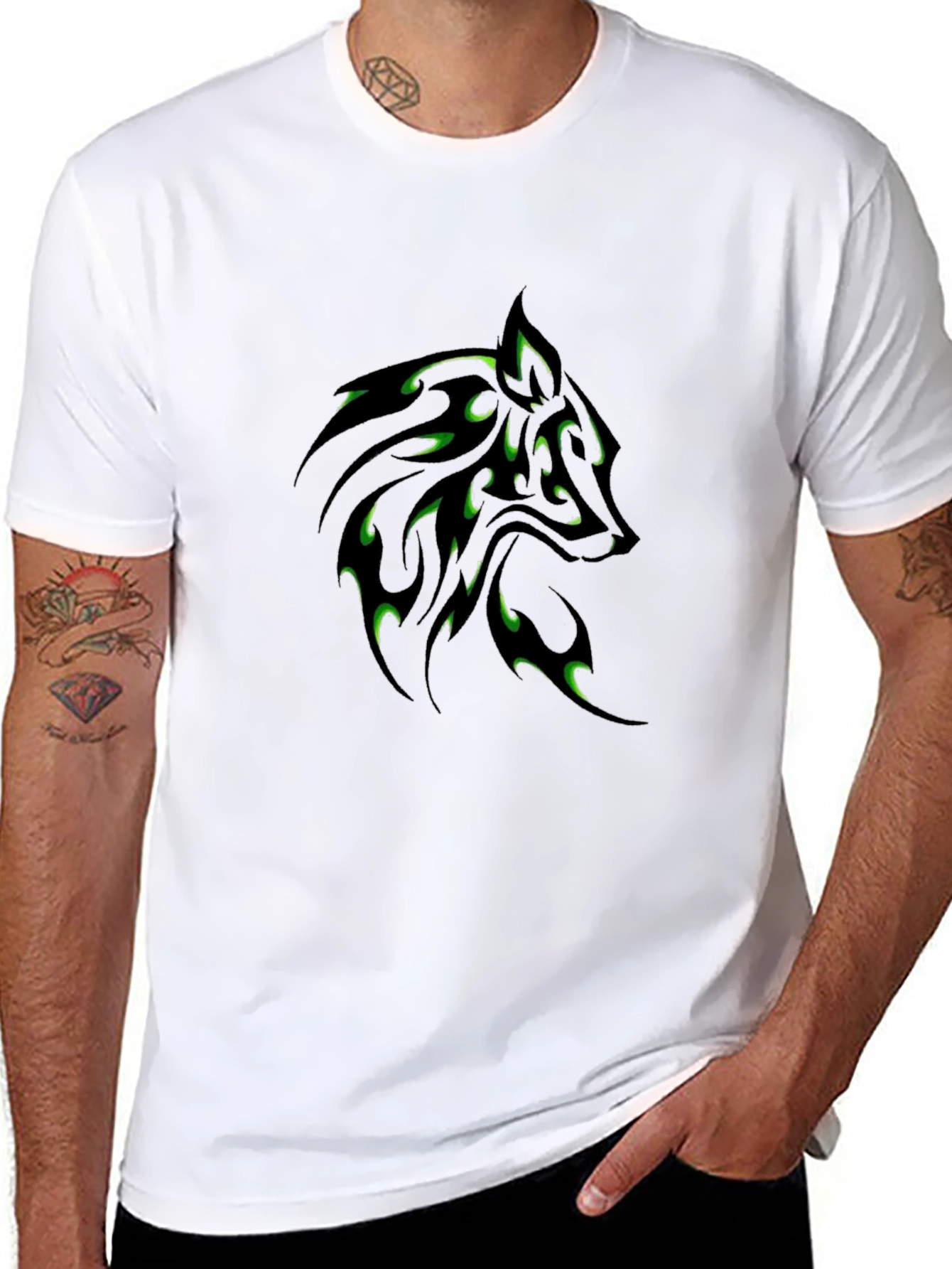 Black T-Shirt with Green Wolf Tribal Design