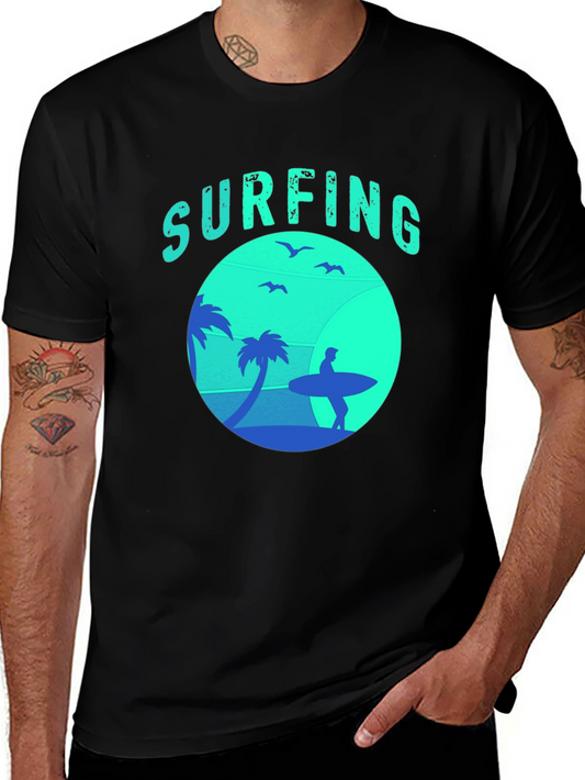 Surfing Silhouette Graphic Tee - Black Cotton T-Shirt
