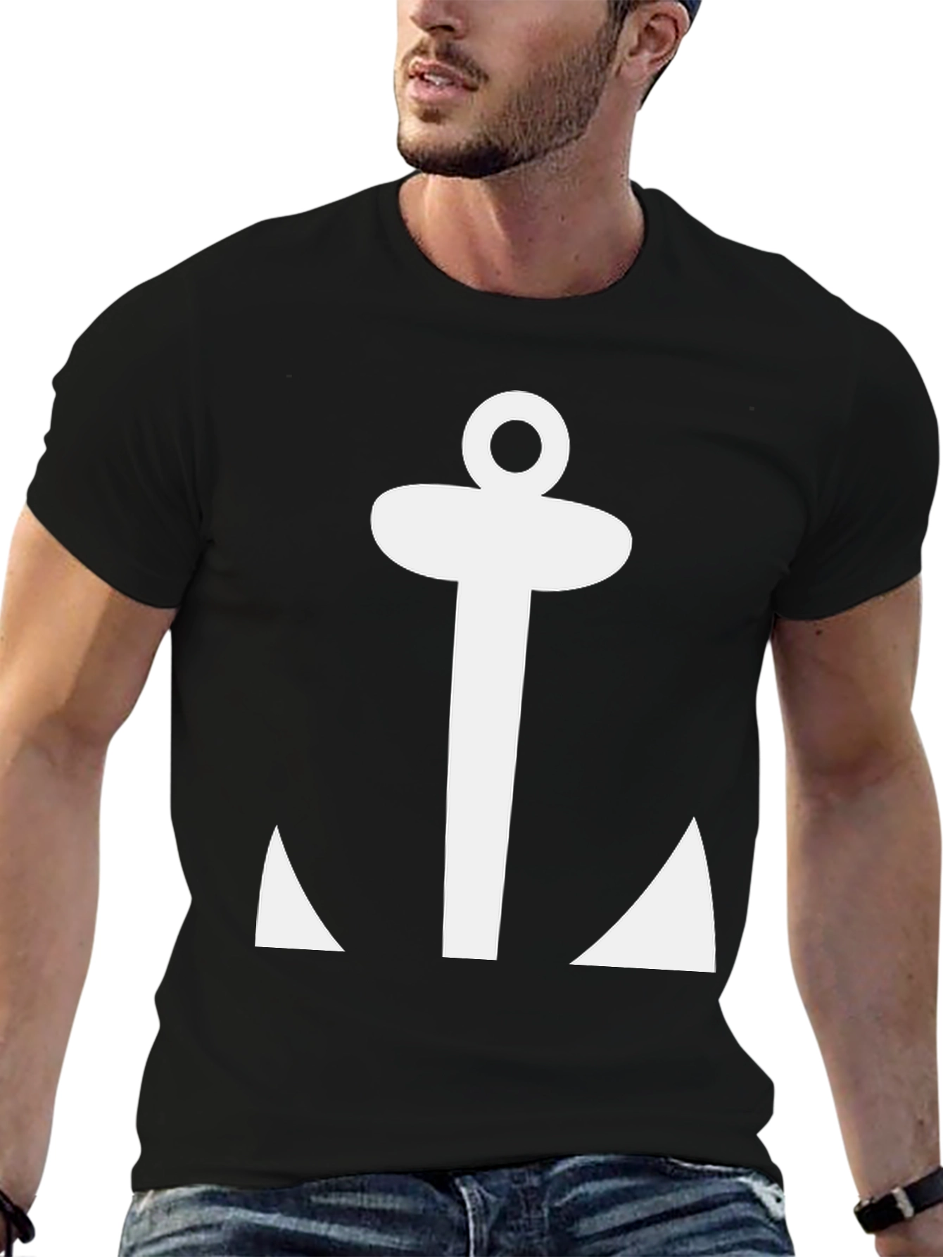 Nautical Anchor Graphic Tee - Black Cotton T-Shirt