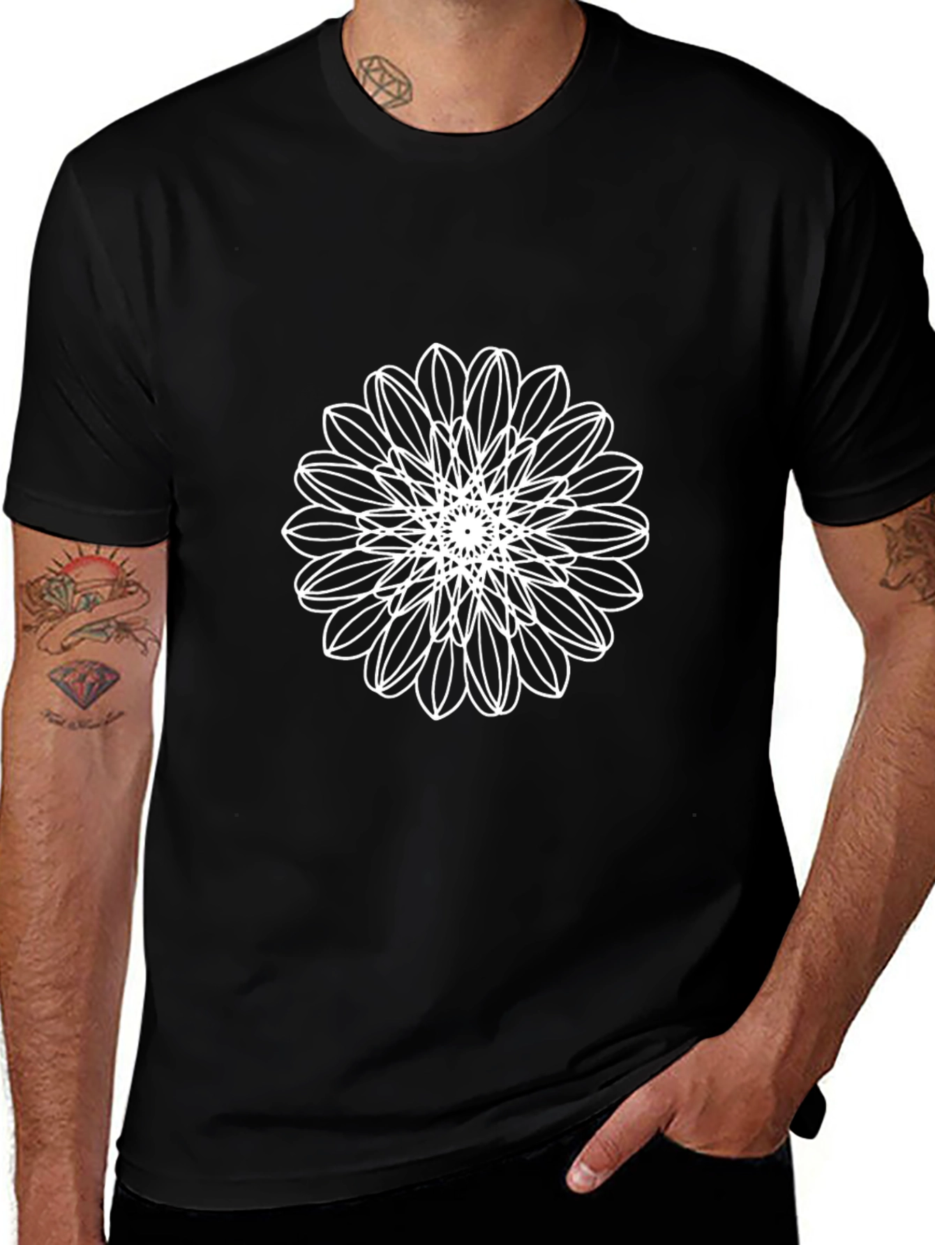 Black T-Shirt with White Floral Mandala Design