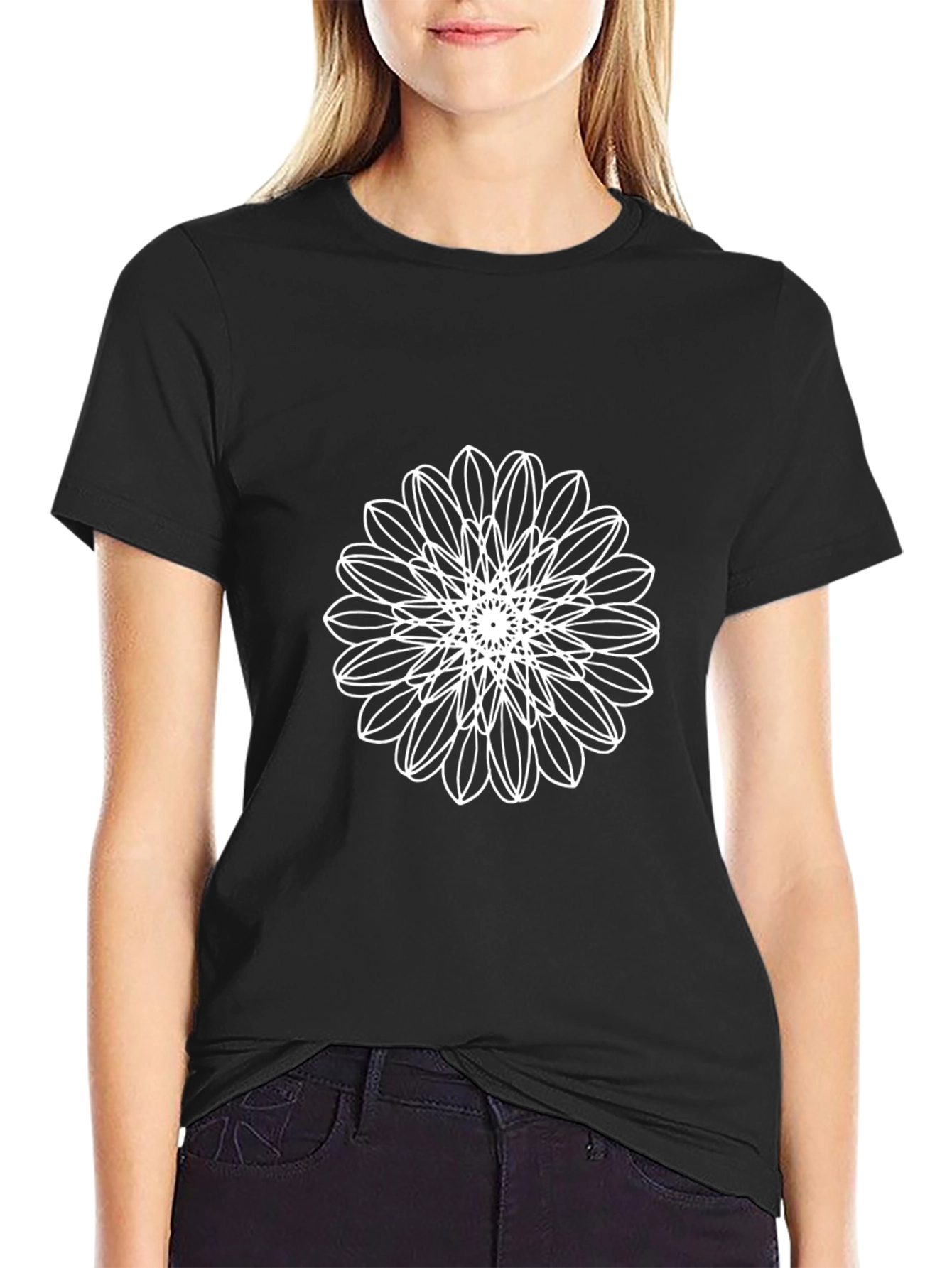 Black T-Shirt with White Floral Mandala Design