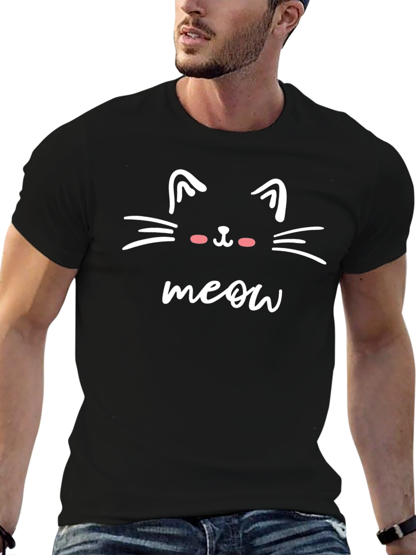 Cute Cat Meow Graphic Tee - Black Casual T-Shirt
