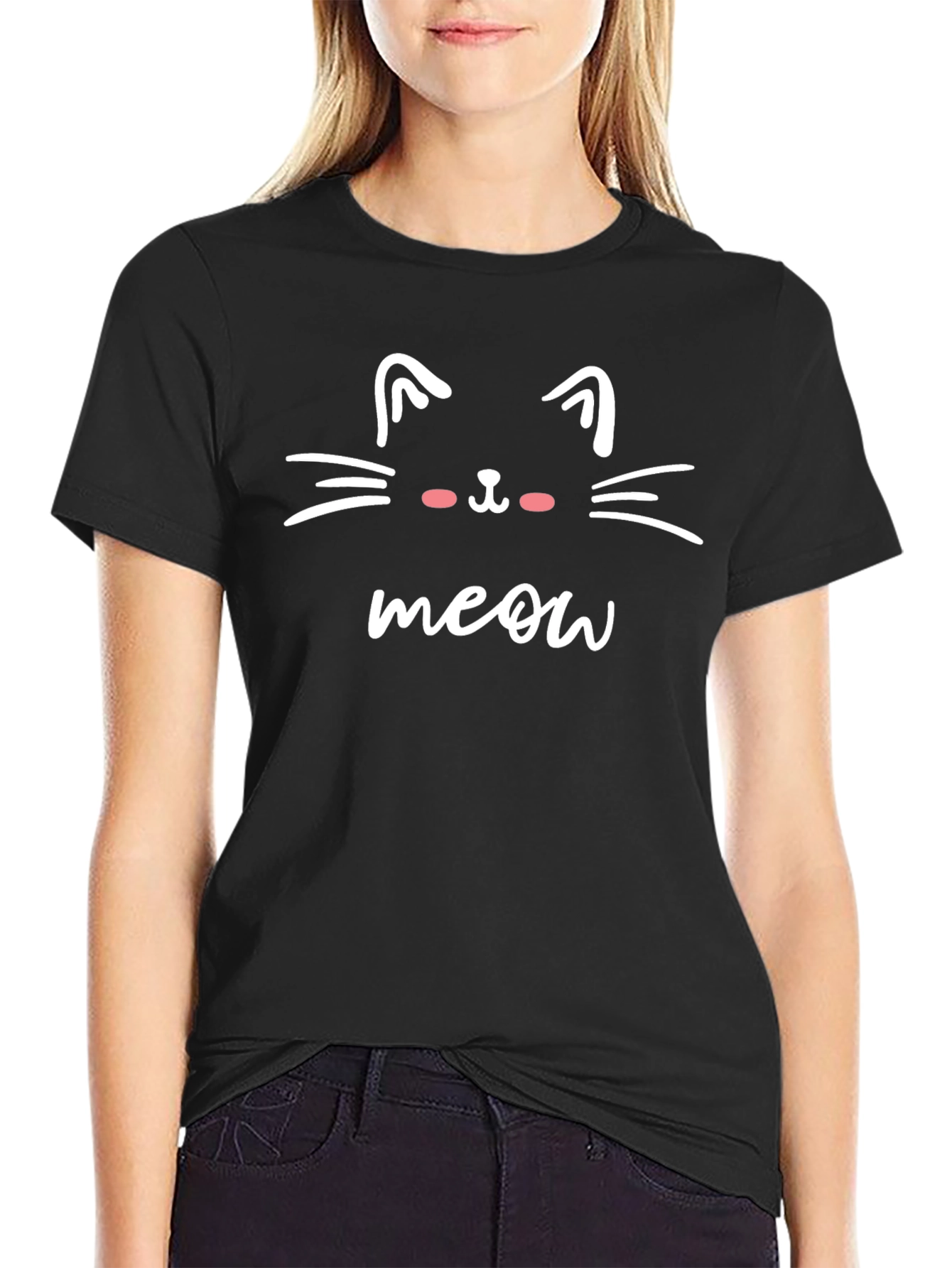 Cute Cat Meow Graphic Tee - Black Casual T-Shirt