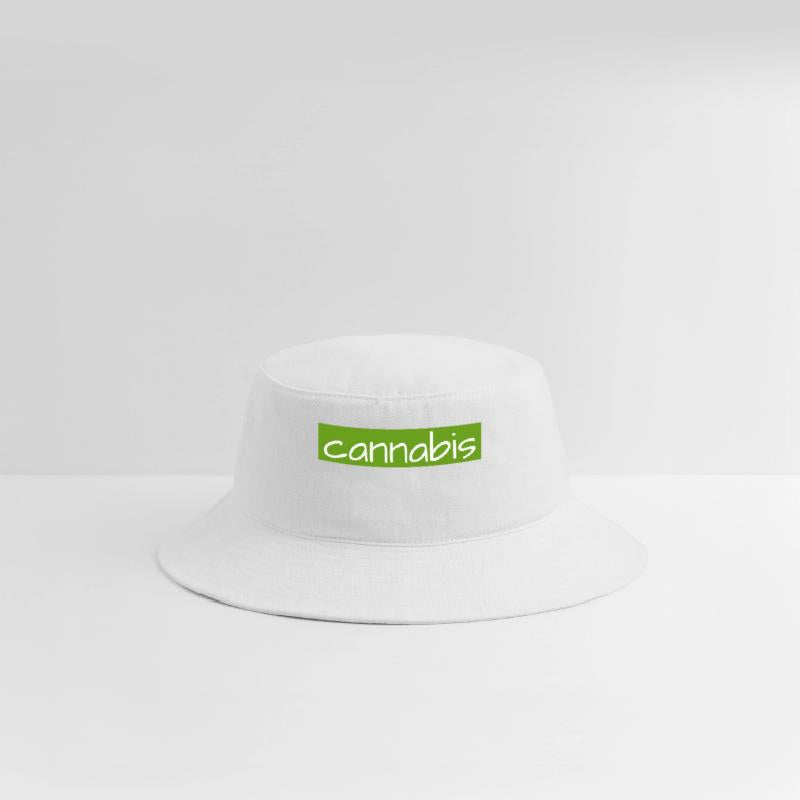 Hand drawn cannabis text logo on green background
