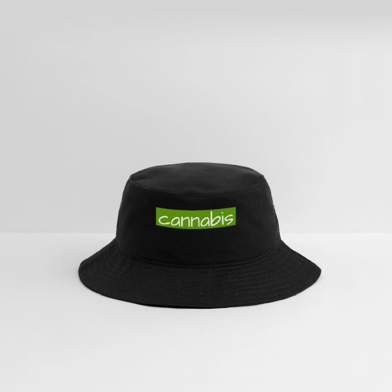 Hand drawn cannabis text logo on green background