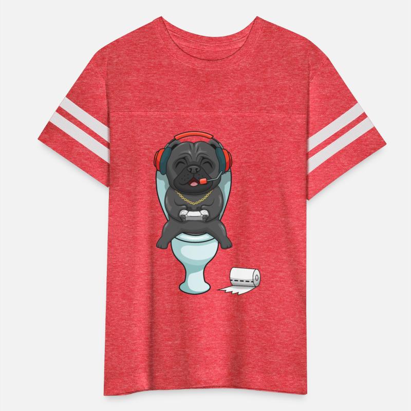 Hardcore gamer pug playing on the toilet