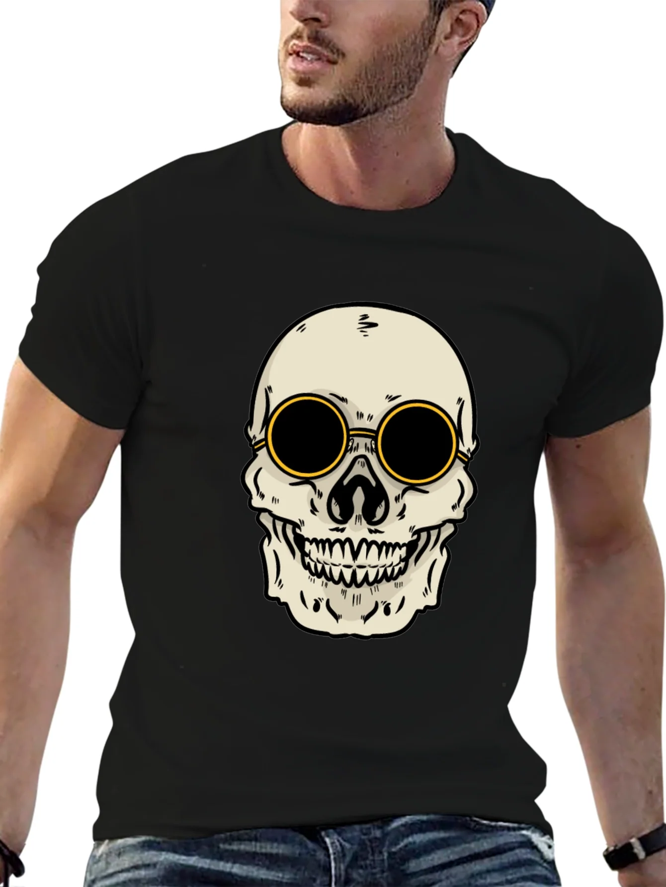 Skull with Shades Graphic Tee - Black Cotton T-Shirt