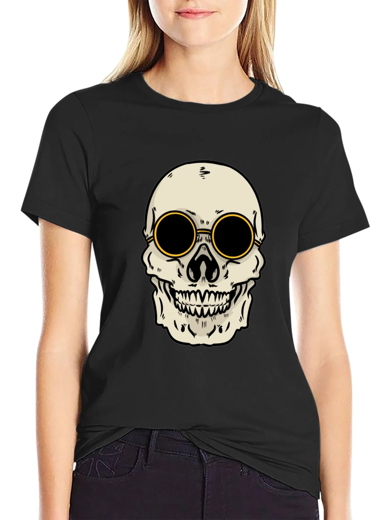 Skull with Shades Graphic Tee - Black Cotton T-Shirt