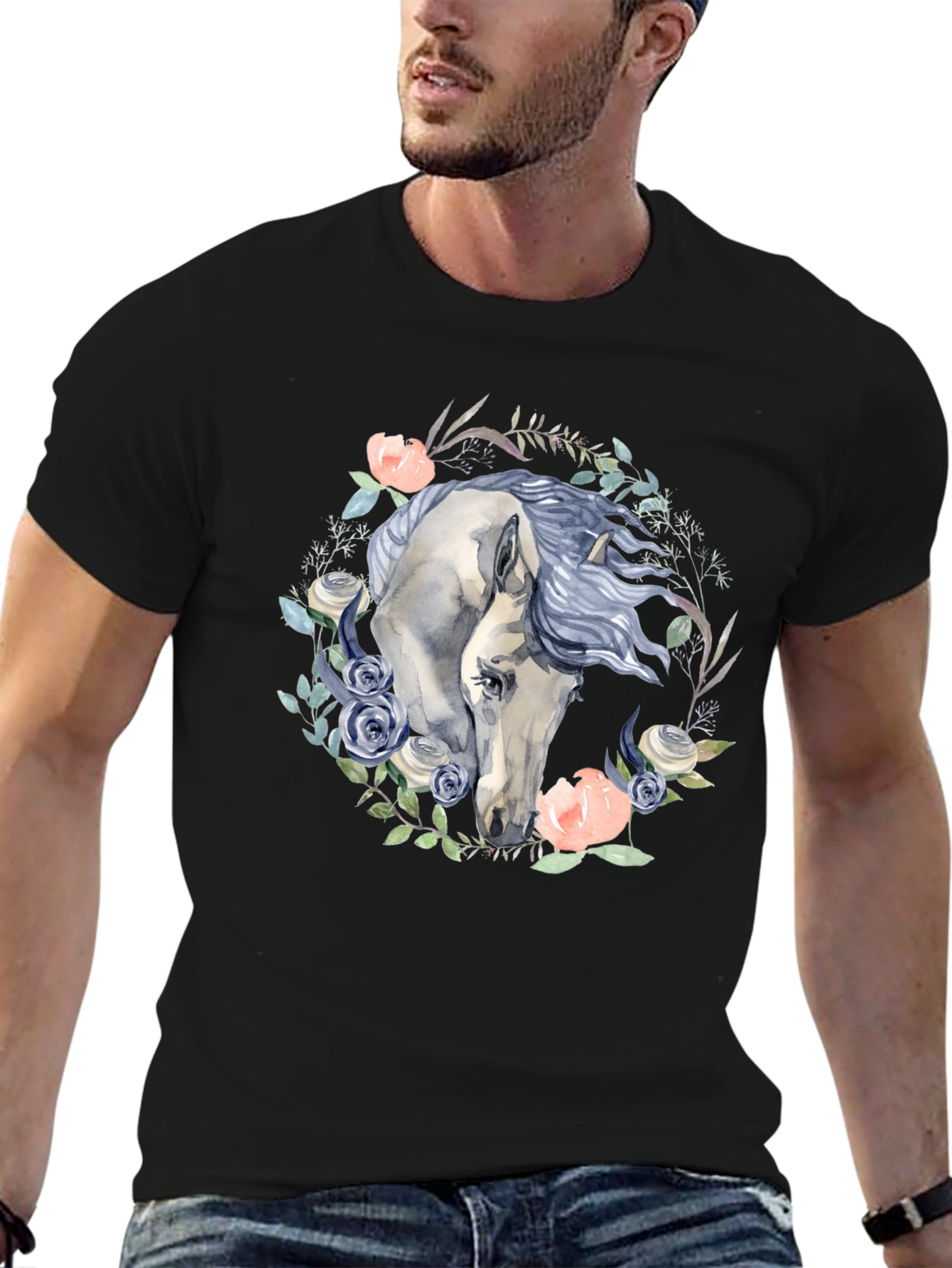 Floral Horse Graphic Tee - Black