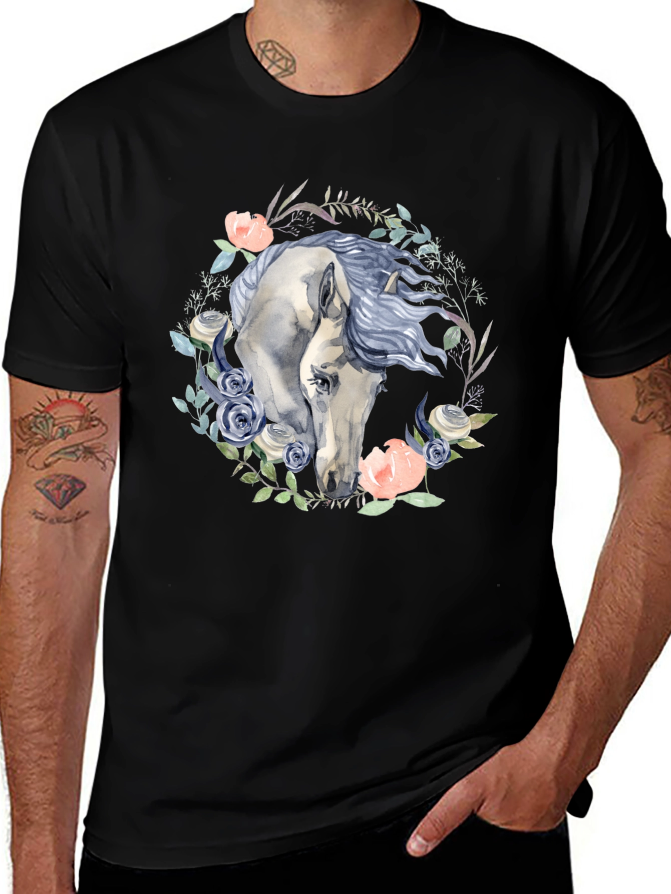 Floral Horse Graphic Tee - Black