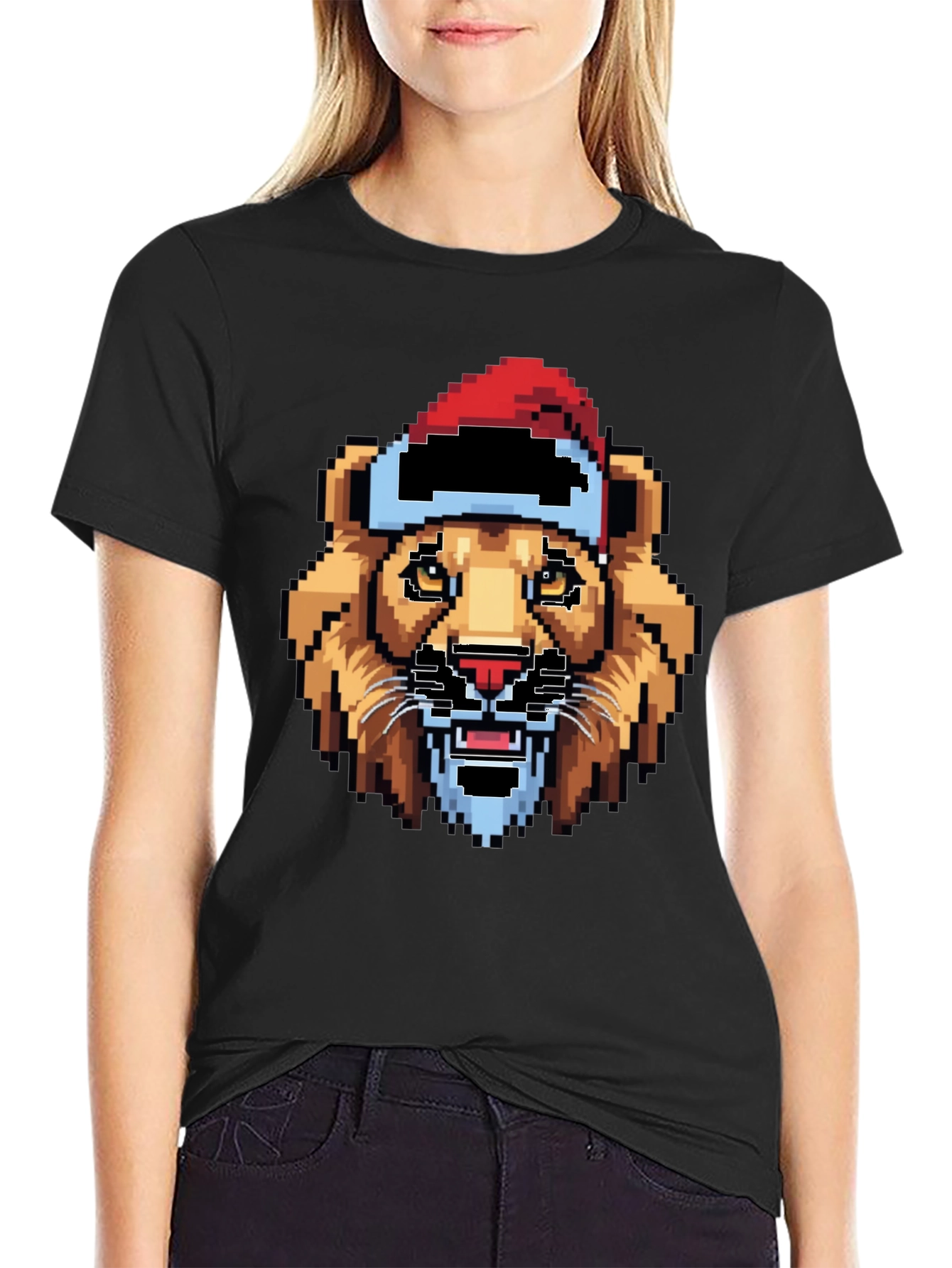 Pixel Lion Santa Hat T-Shirt - Black