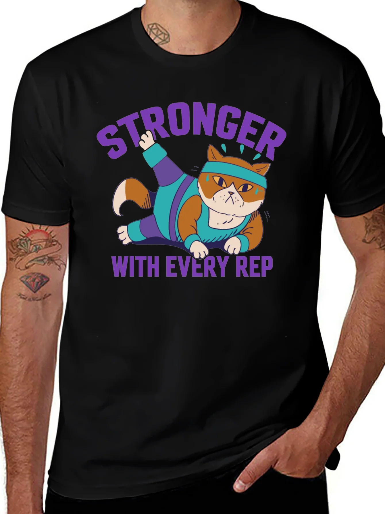 Stronger with Every Rep Cat Workout T-Shirt