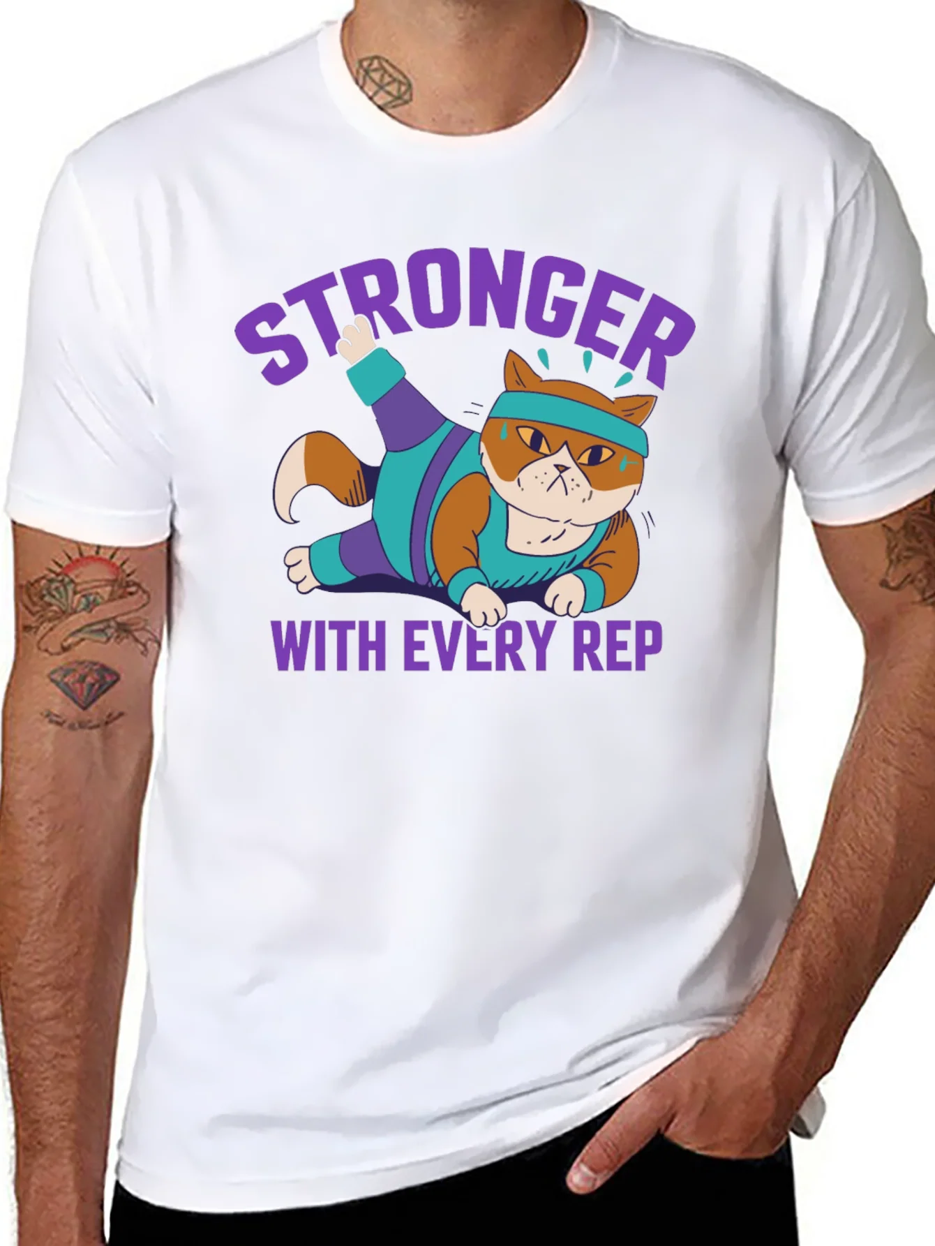Stronger with Every Rep Cat Workout T-Shirt