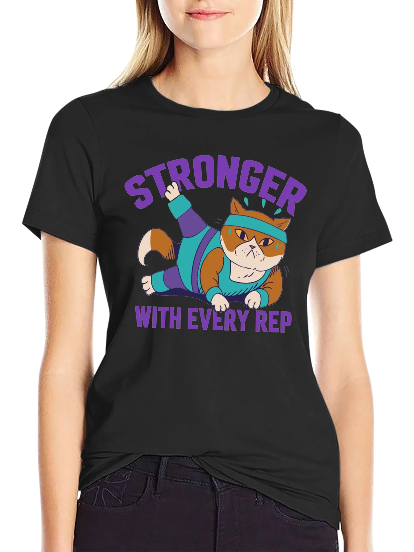 Stronger with Every Rep Cat Workout T-Shirt