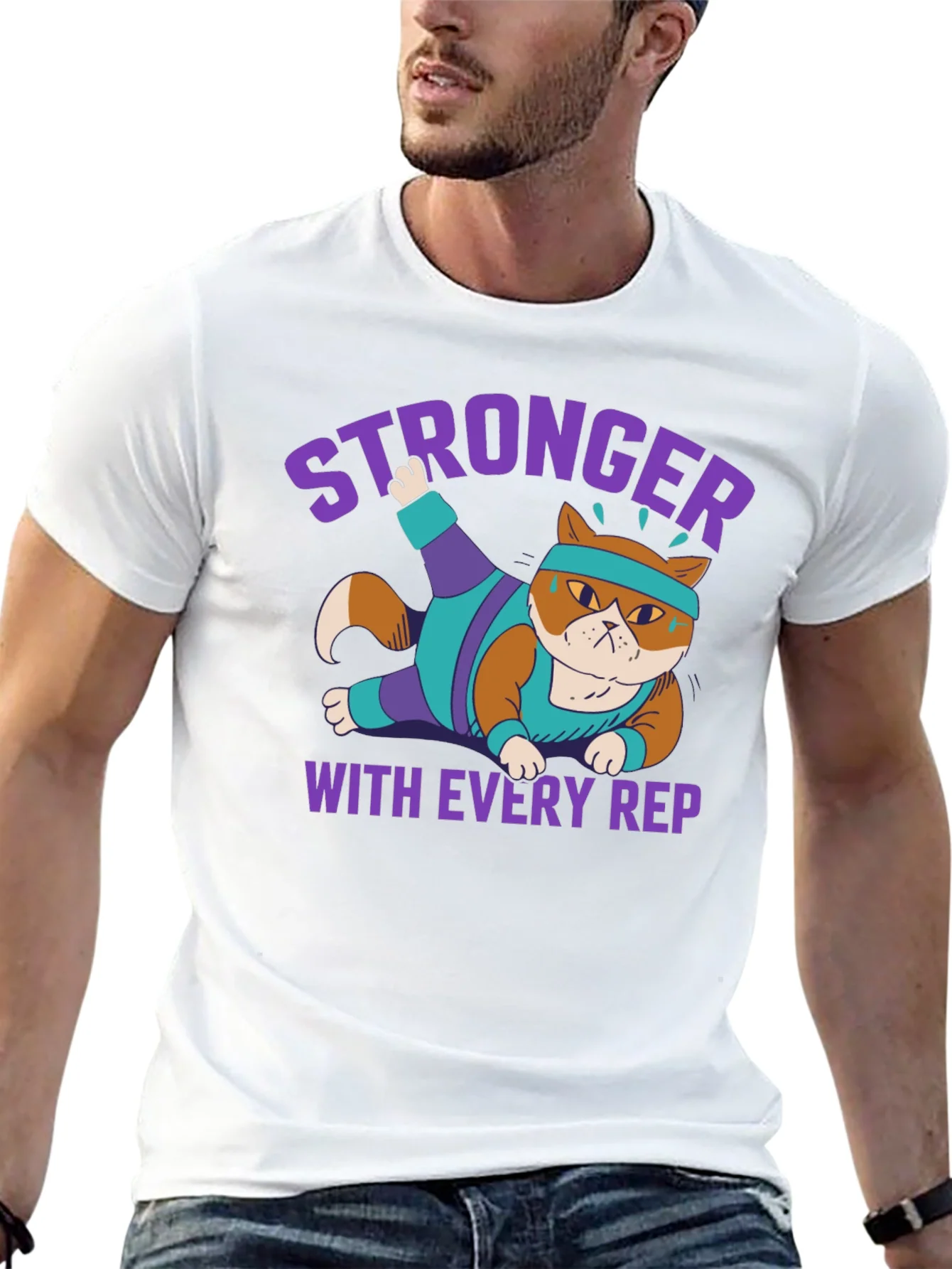 Stronger with Every Rep Cat Workout T-Shirt