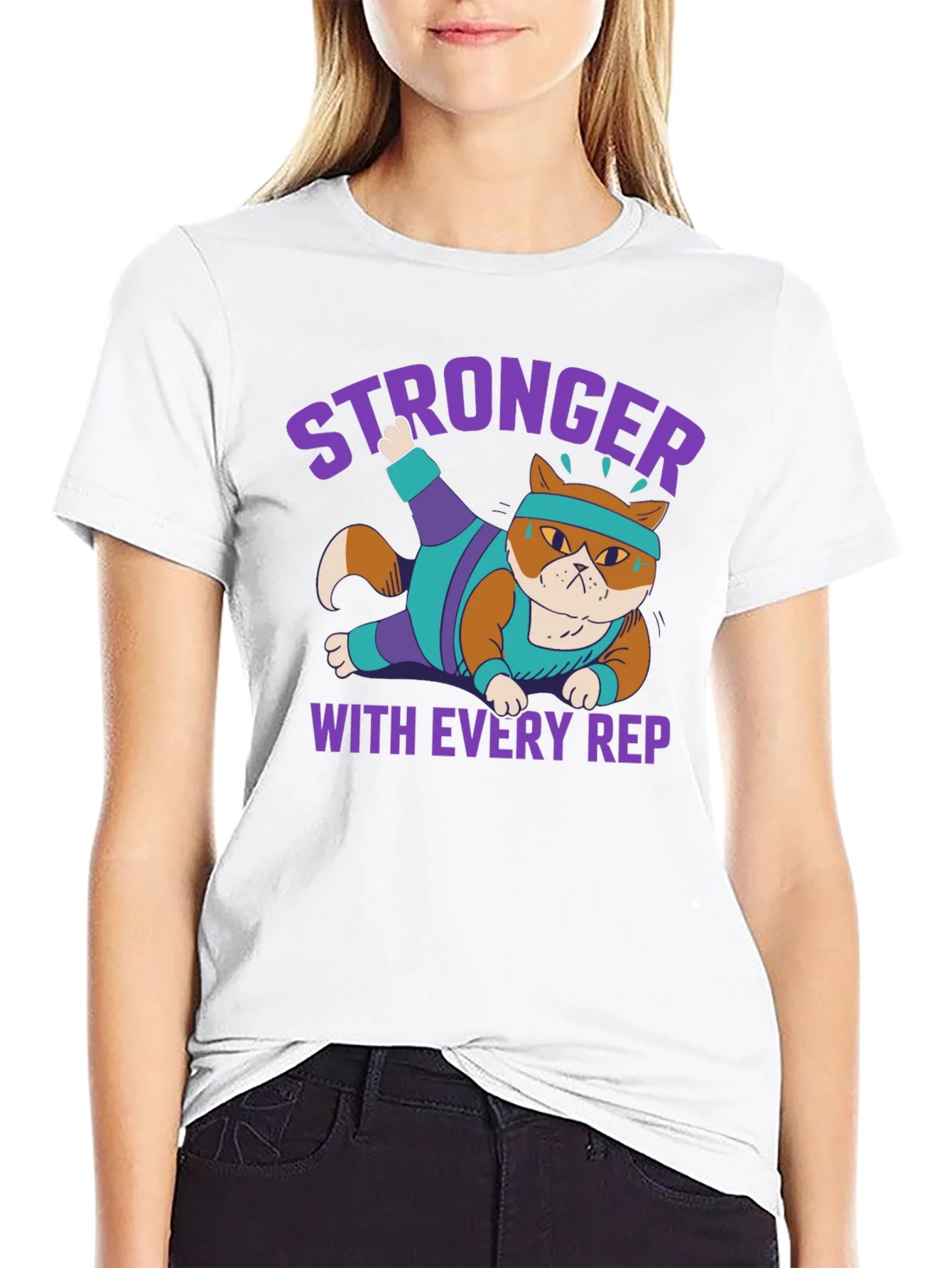 Stronger with Every Rep Cat Workout T-Shirt