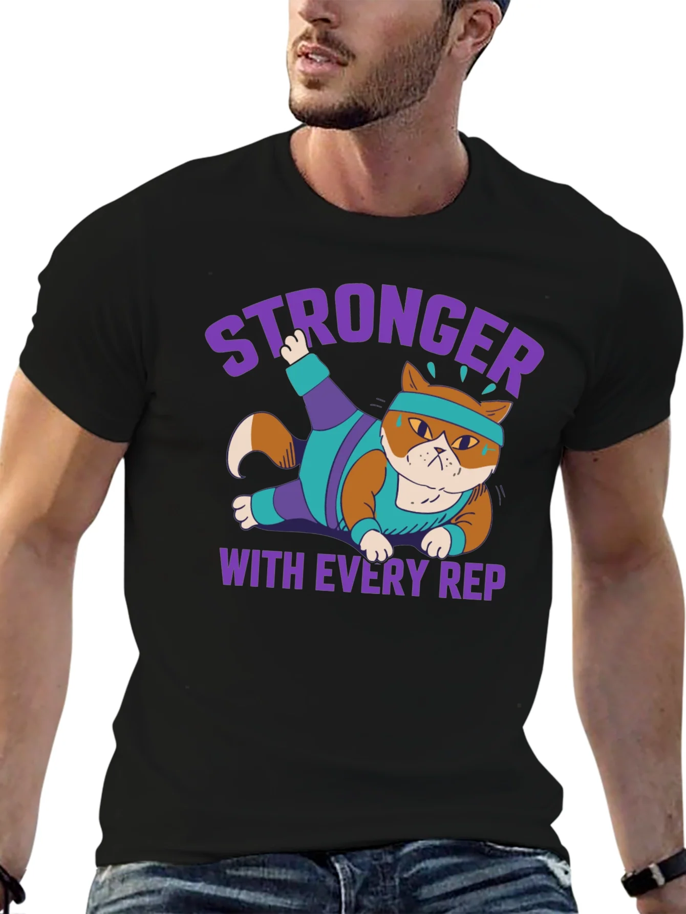 Stronger with Every Rep Cat Workout T-Shirt