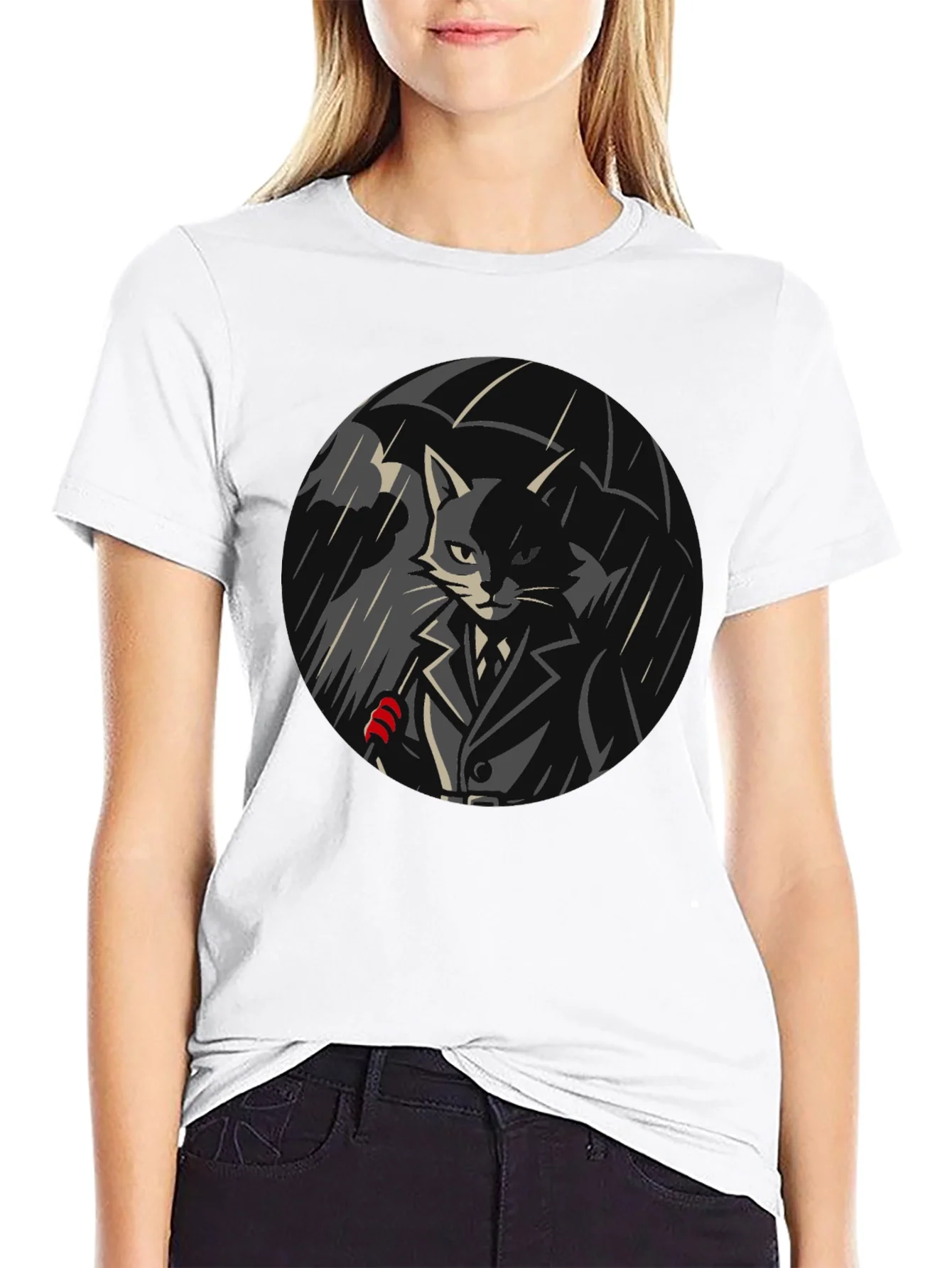 Cool Cat Under Umbrella Graphic T-Shirt