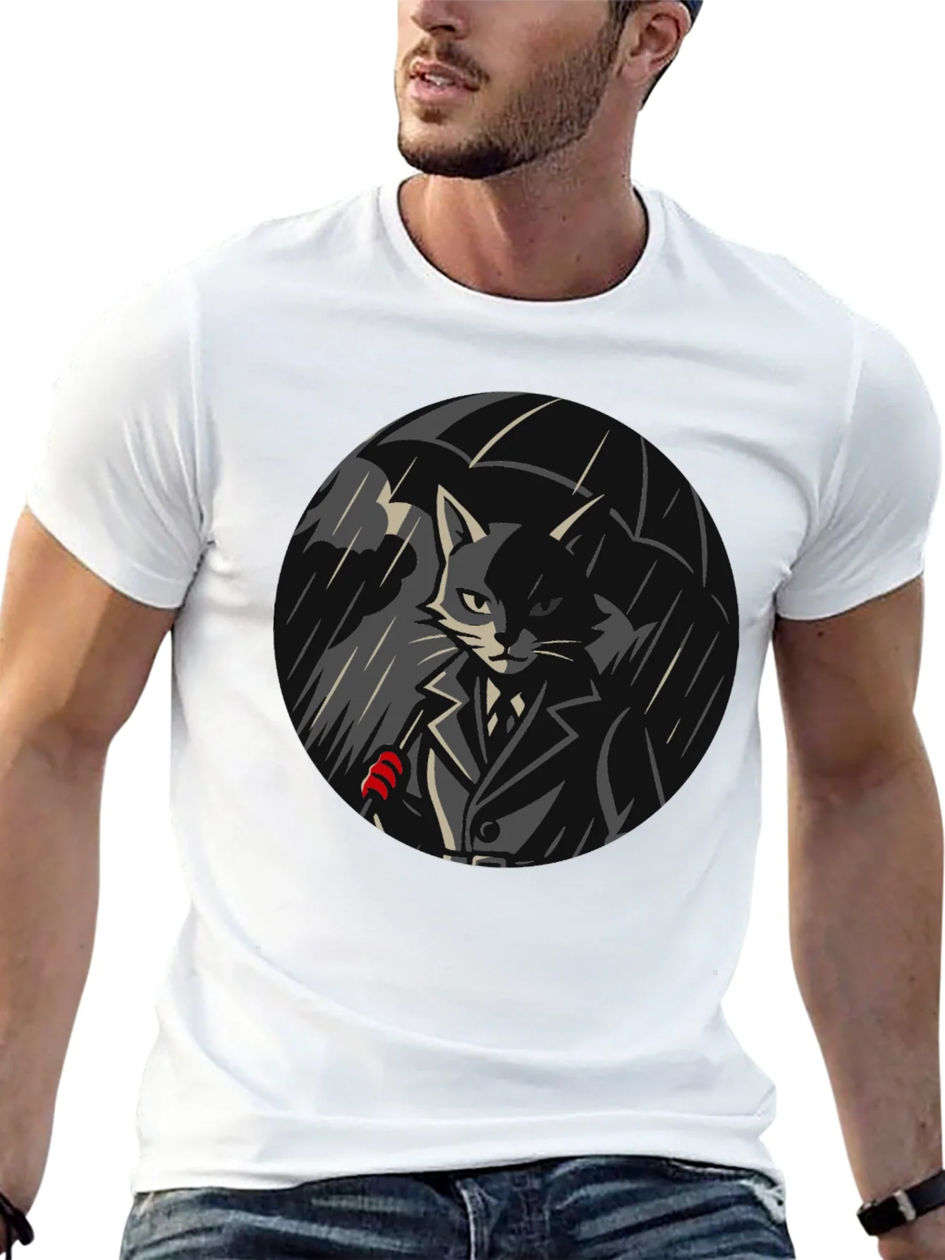 Cool Cat Under Umbrella Graphic T-Shirt