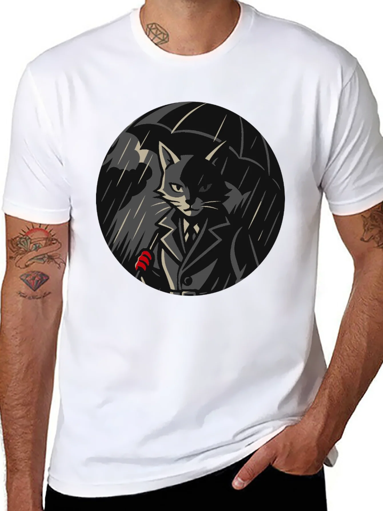 Cool Cat Under Umbrella Graphic T-Shirt