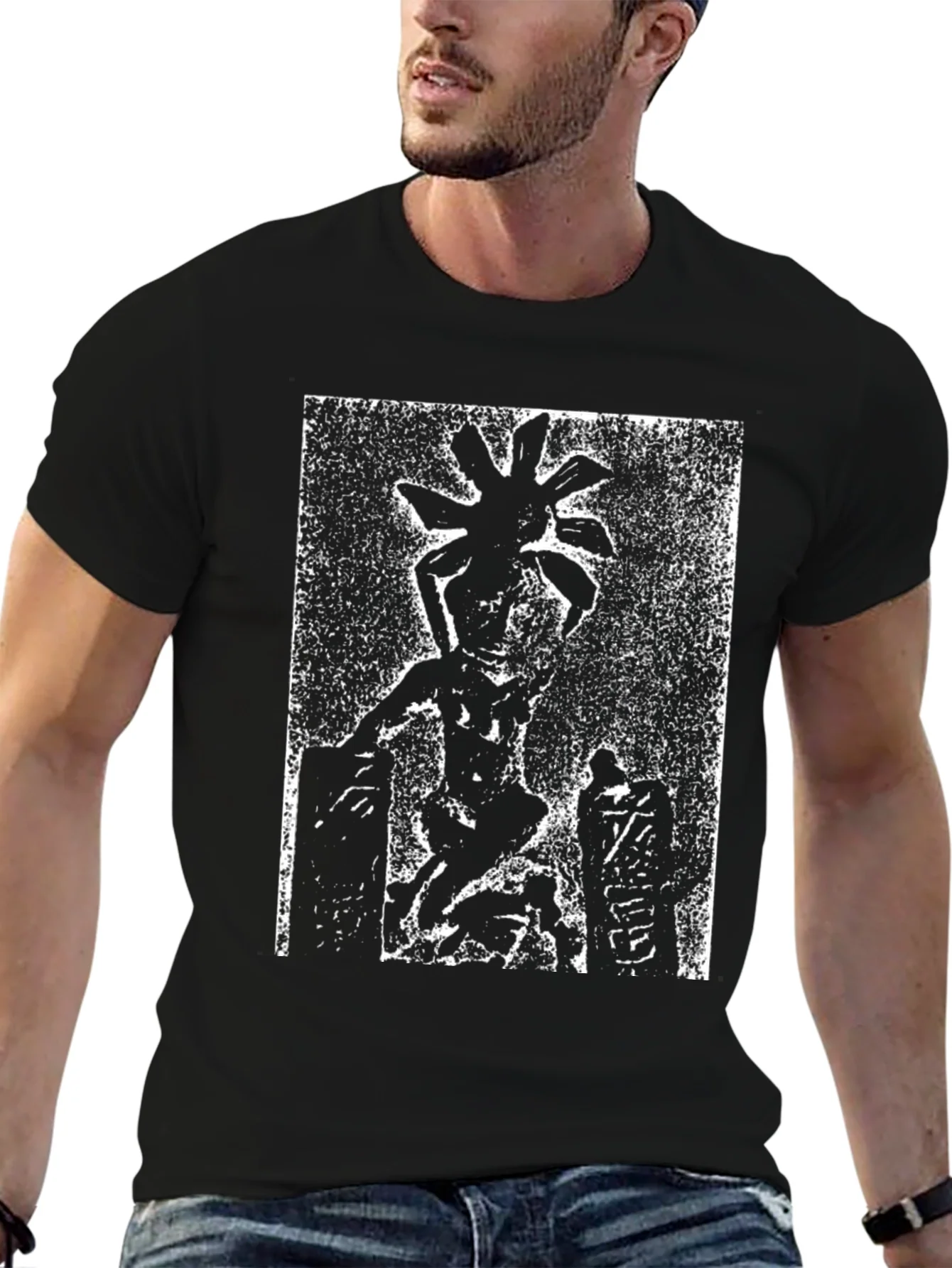 Unique Graphic Tee: Black and White Figure Print