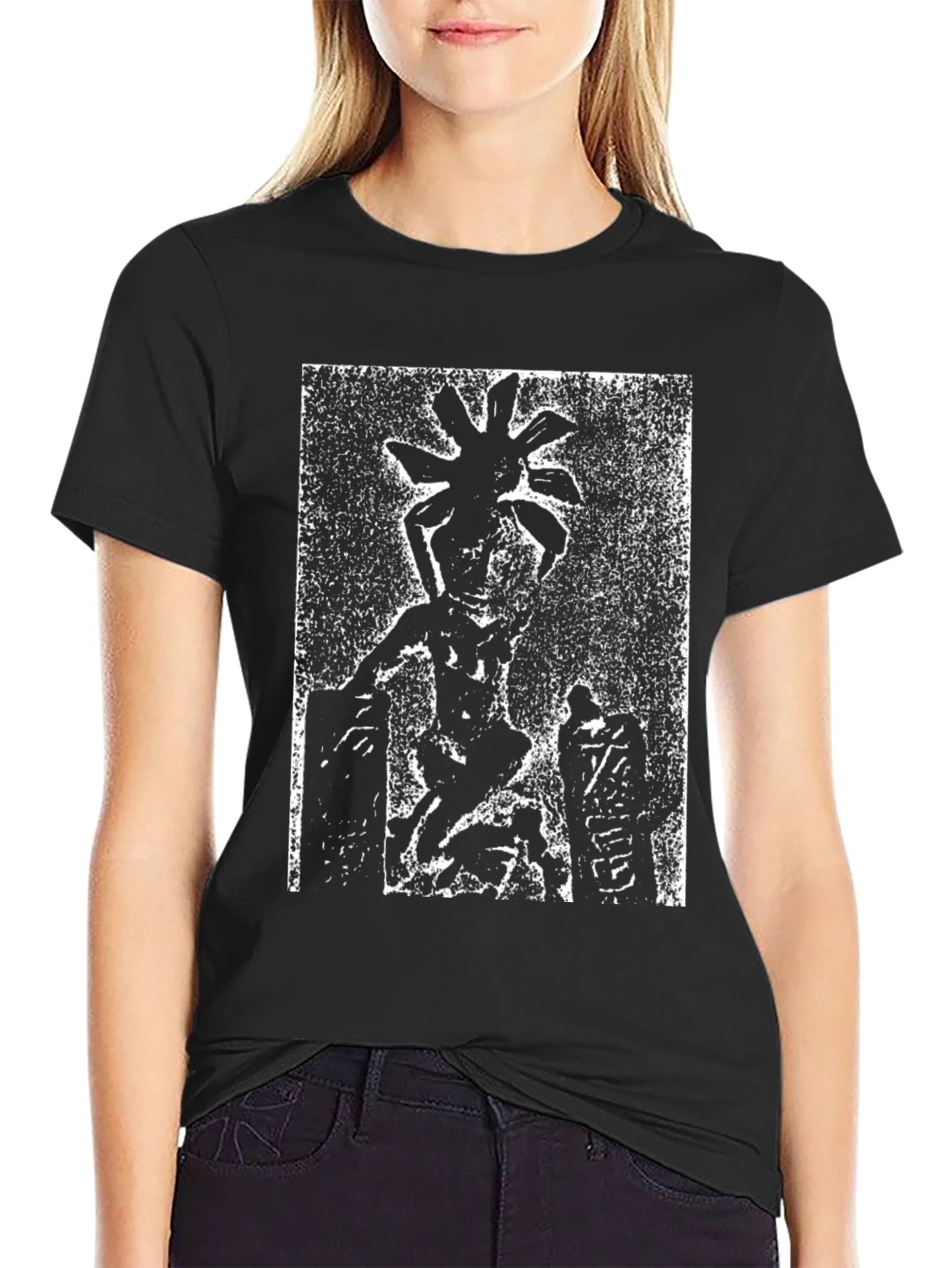 Unique Graphic Tee: Black and White Figure Print